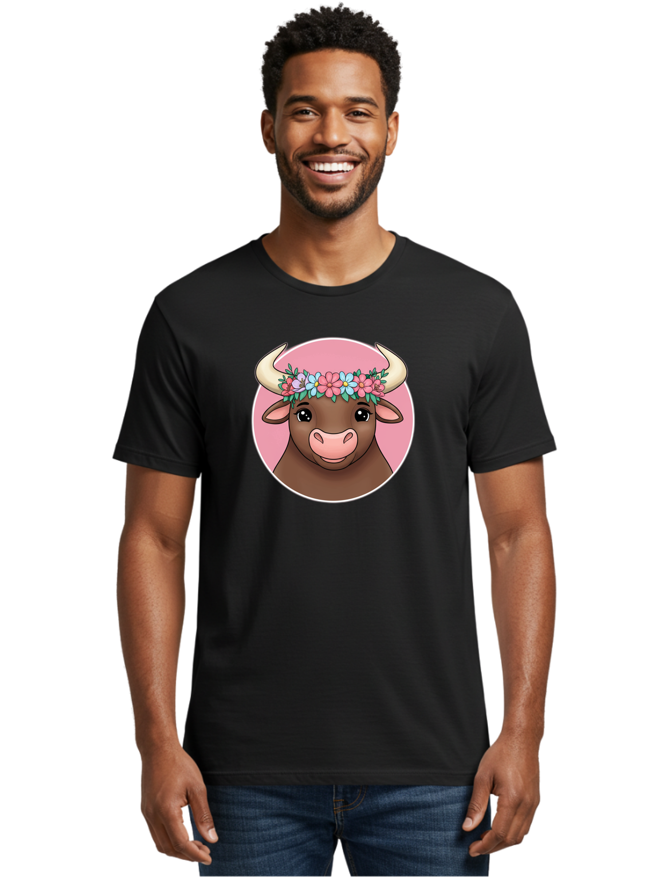 Cute-Bull-With-Flowers Men'S Graphic Tee, 100% Cotton, Comfortable Casual Summer Wear, Machine Washable, Cartoon Bull, Floral Wreath, Cute Animal, Pastel Colors, Adorable Illustration, Charming Design, Whimsical Art, Lovely Cow, Bae169 18