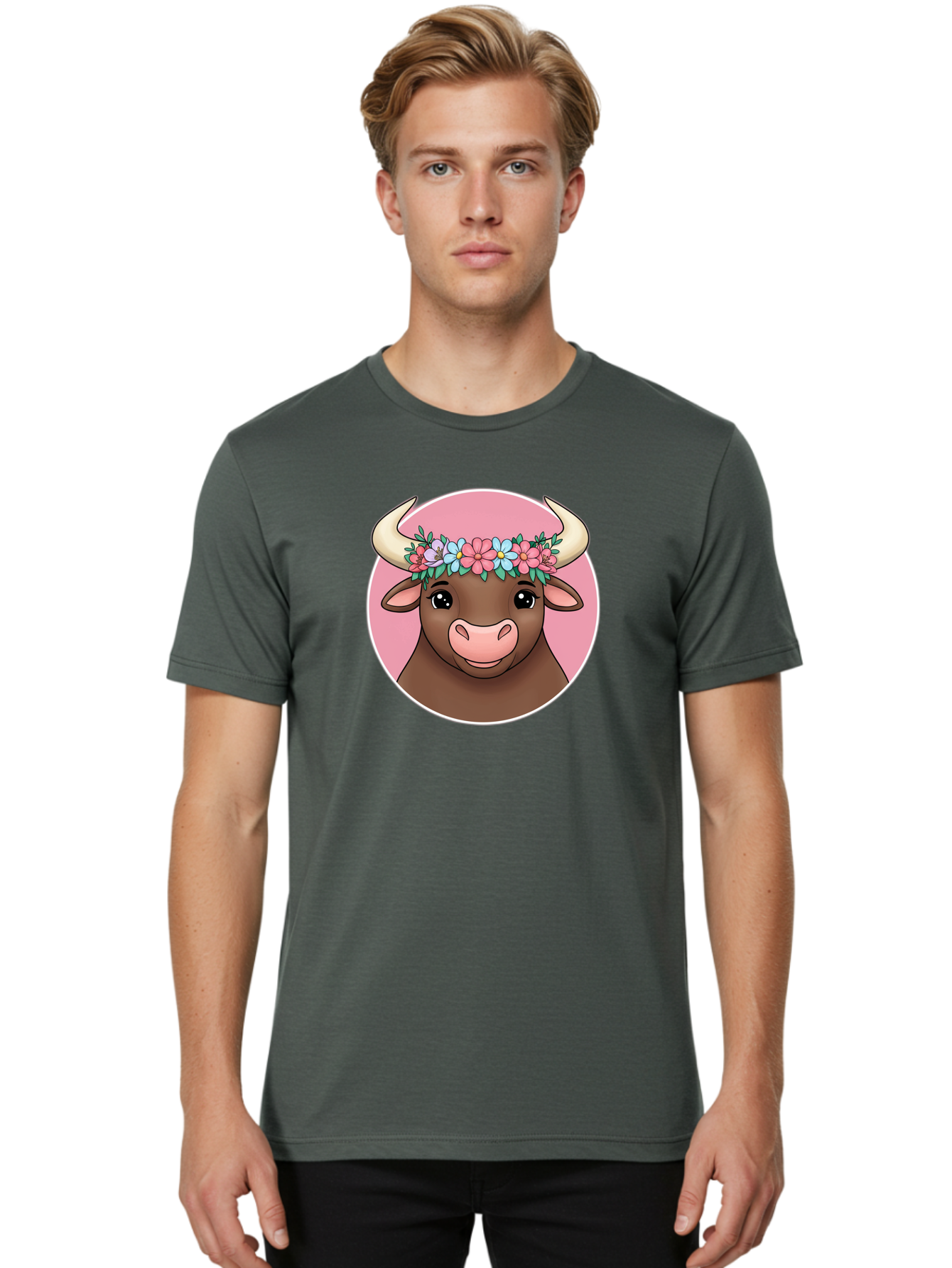 Cute-Bull-With-Flowers Men'S Graphic Tee, 100% Cotton, Comfortable Casual Summer Wear, Machine Washable, Cartoon Bull, Floral Wreath, Cute Animal, Pastel Colors, Adorable Illustration, Charming Design, Whimsical Art, Lovely Cow, Bae169 27