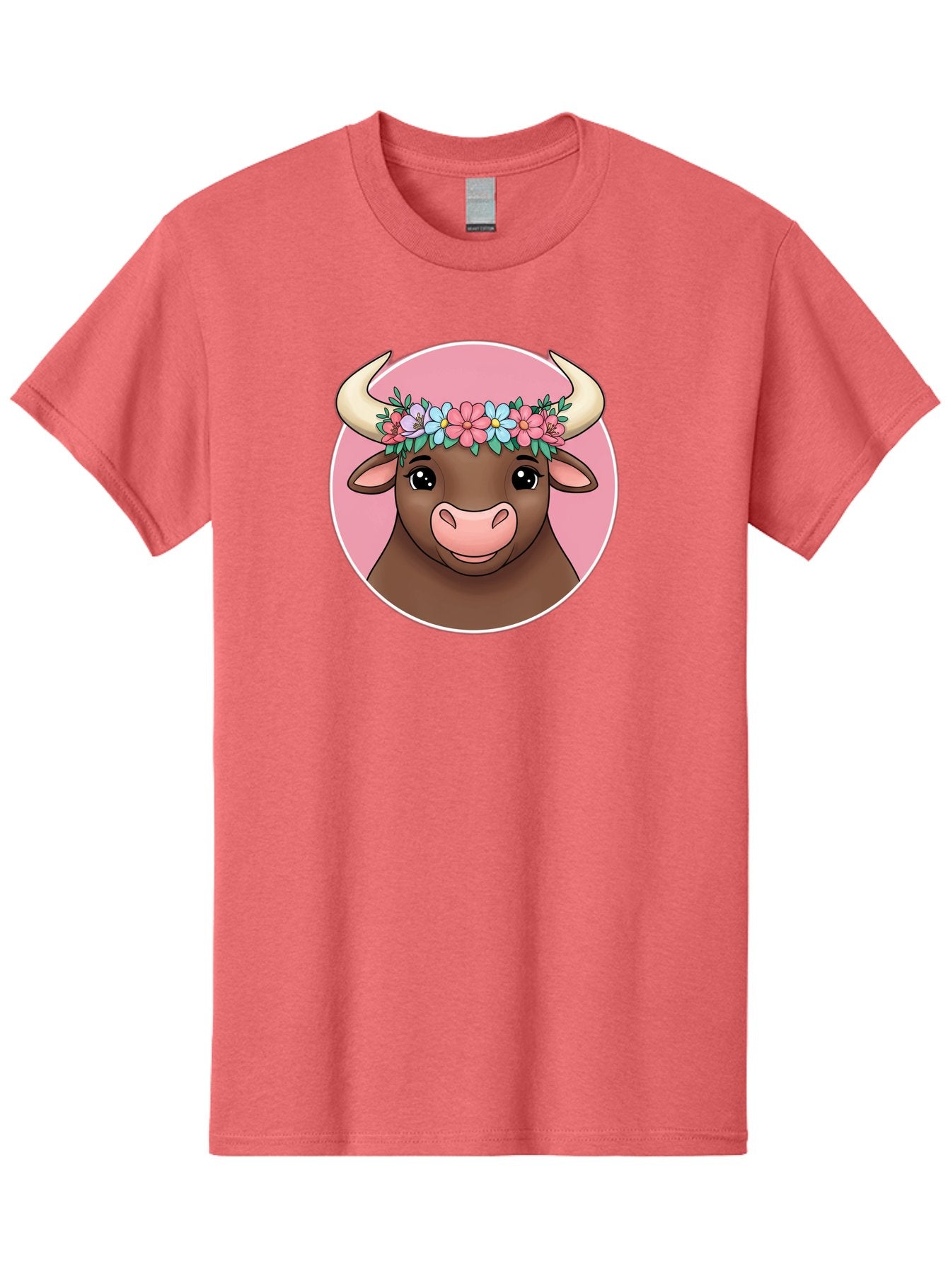 Cute-Bull-With-Flowers Men'S Graphic Tee, 100% Cotton, Comfortable Casual Summer Wear, Machine Washable, Cartoon Bull, Floral Wreath, Cute Animal, Pastel Colors, Adorable Illustration, Charming Design, Whimsical Art, Lovely Cow, Bae169