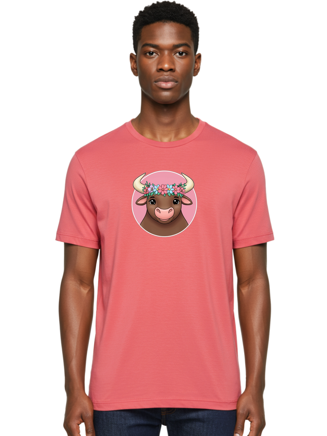 Cute-Bull-With-Flowers Men'S Graphic Tee, 100% Cotton, Comfortable Casual Summer Wear, Machine Washable, Cartoon Bull, Floral Wreath, Cute Animal, Pastel Colors, Adorable Illustration, Charming Design, Whimsical Art, Lovely Cow, Bae169 26