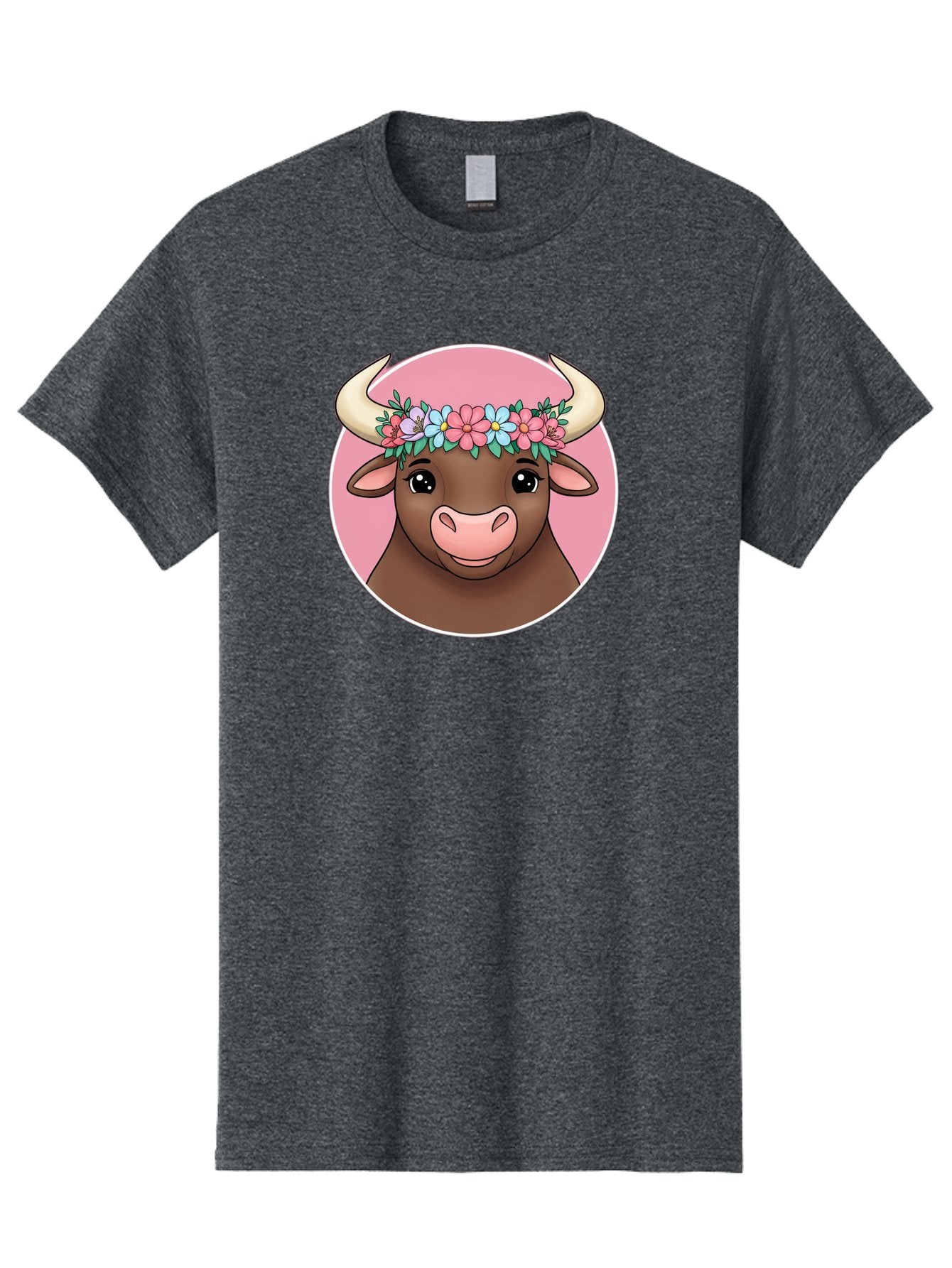 Cute-Bull-With-Flowers Men'S Graphic Tee, 100% Cotton, Comfortable Casual Summer Wear, Machine Washable, Cartoon Bull, Floral Wreath, Cute Animal, Pastel Colors, Adorable Illustration, Charming Design, Whimsical Art, Lovely Cow, Bae169 8