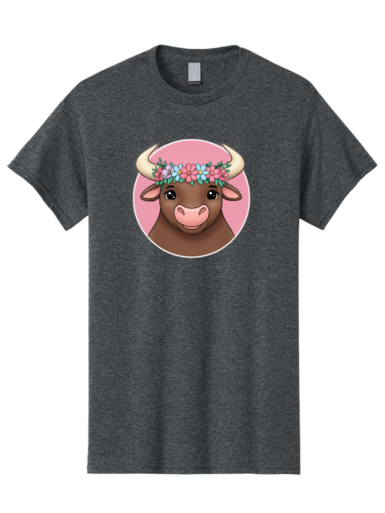 Cute-Bull-With-Flowers Men'S Graphic Tee, 100% Cotton, Comfortable Casual Summer Wear, Machine Washable, Cartoon Bull, Floral Wreath, Cute Animal, Pastel Colors, Adorable Illustration, Charming Design, Whimsical Art, Lovely Cow, Bae169 6