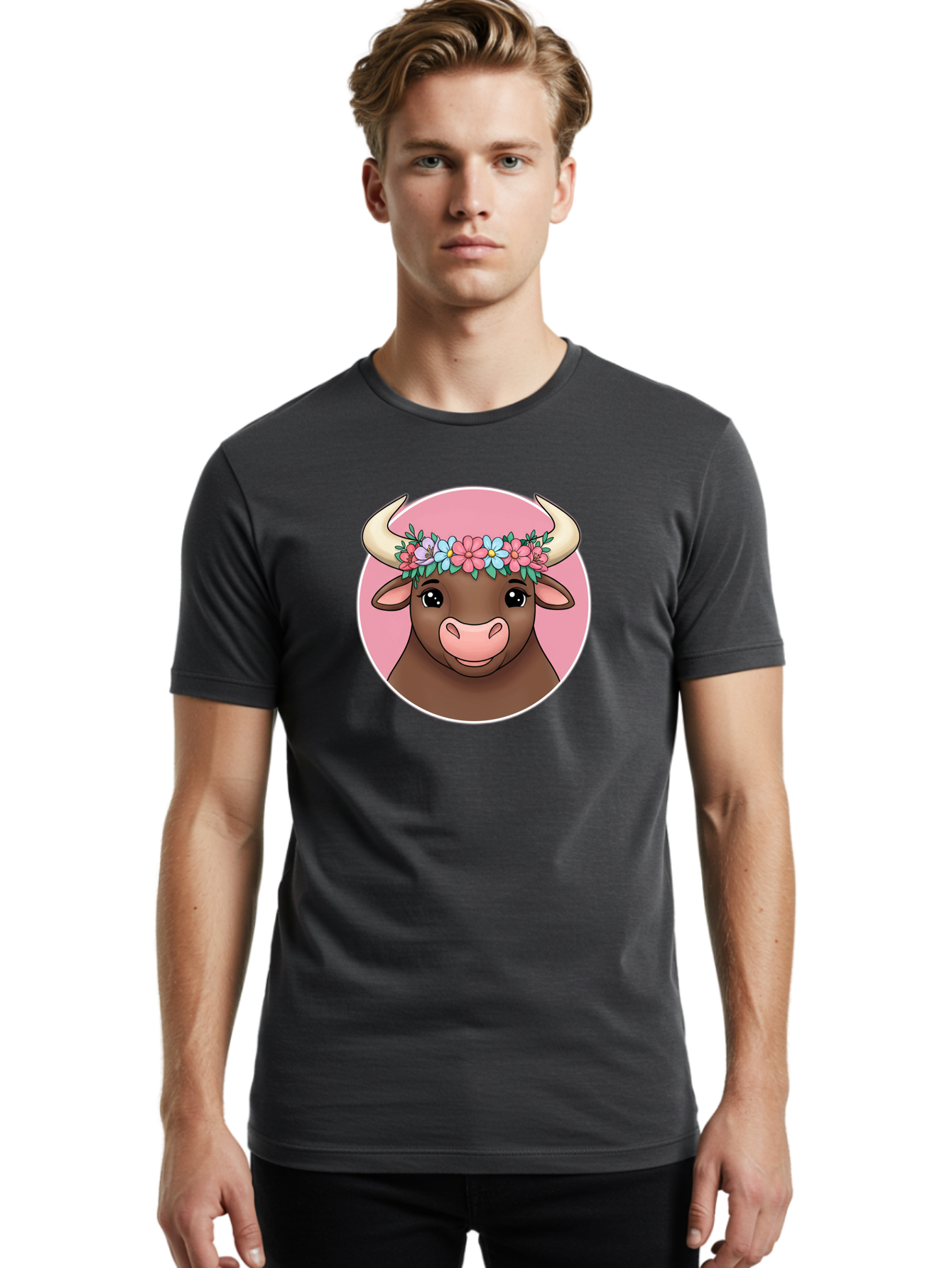 Cute-Bull-With-Flowers Men'S Graphic Tee, 100% Cotton, Comfortable Casual Summer Wear, Machine Washable, Cartoon Bull, Floral Wreath, Cute Animal, Pastel Colors, Adorable Illustration, Charming Design, Whimsical Art, Lovely Cow, Bae169 21