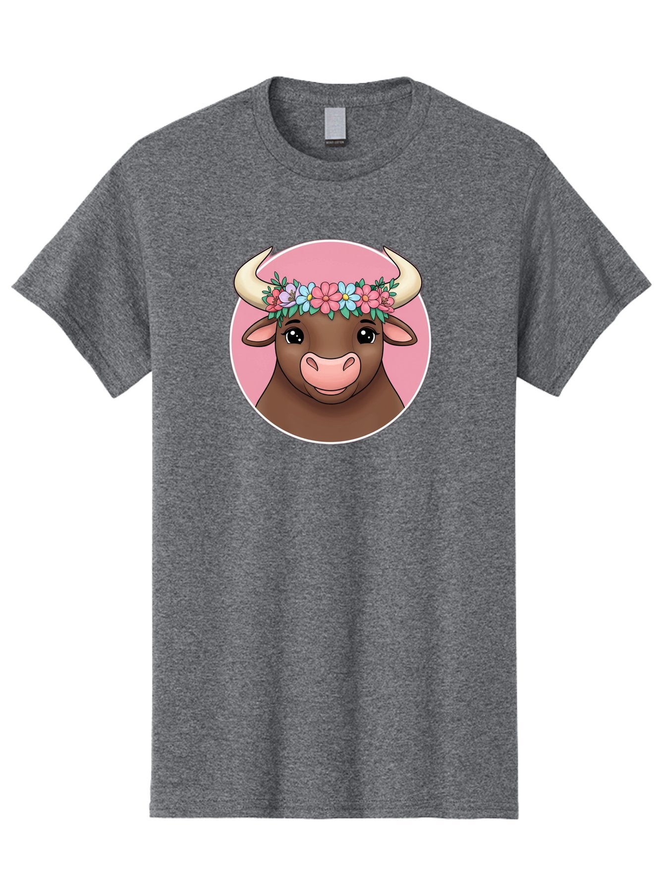 Cute-Bull-With-Flowers Men'S Graphic Tee, 100% Cotton, Comfortable Casual Summer Wear, Machine Washable, Cartoon Bull, Floral Wreath, Cute Animal, Pastel Colors, Adorable Illustration, Charming Design, Whimsical Art, Lovely Cow, Bae169 13