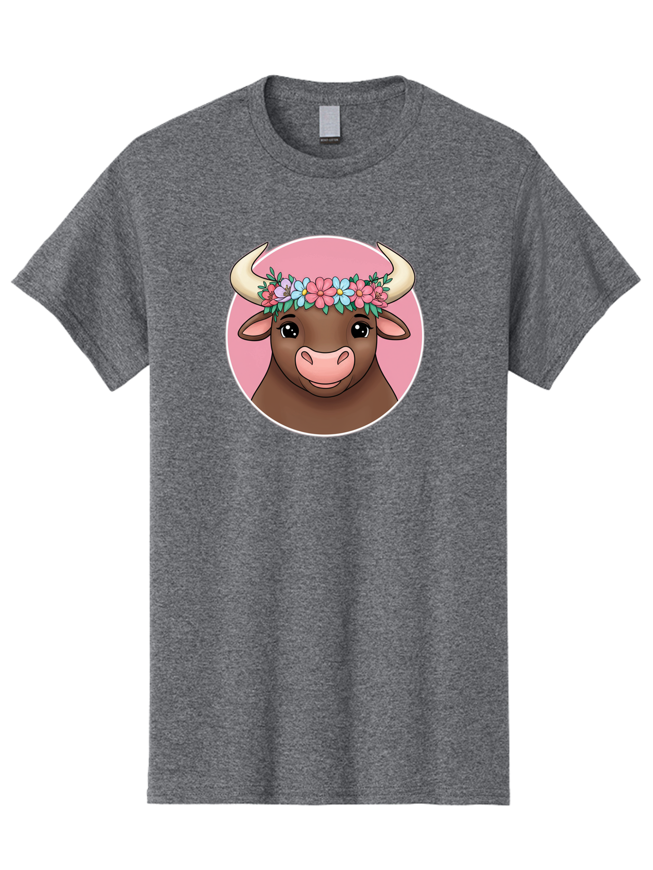 Cute-Bull-With-Flowers Men'S Graphic Tee, 100% Cotton, Comfortable Casual Summer Wear, Machine Washable, Cartoon Bull, Floral Wreath, Cute Animal, Pastel Colors, Adorable Illustration, Charming Design, Whimsical Art, Lovely Cow, Bae169 15