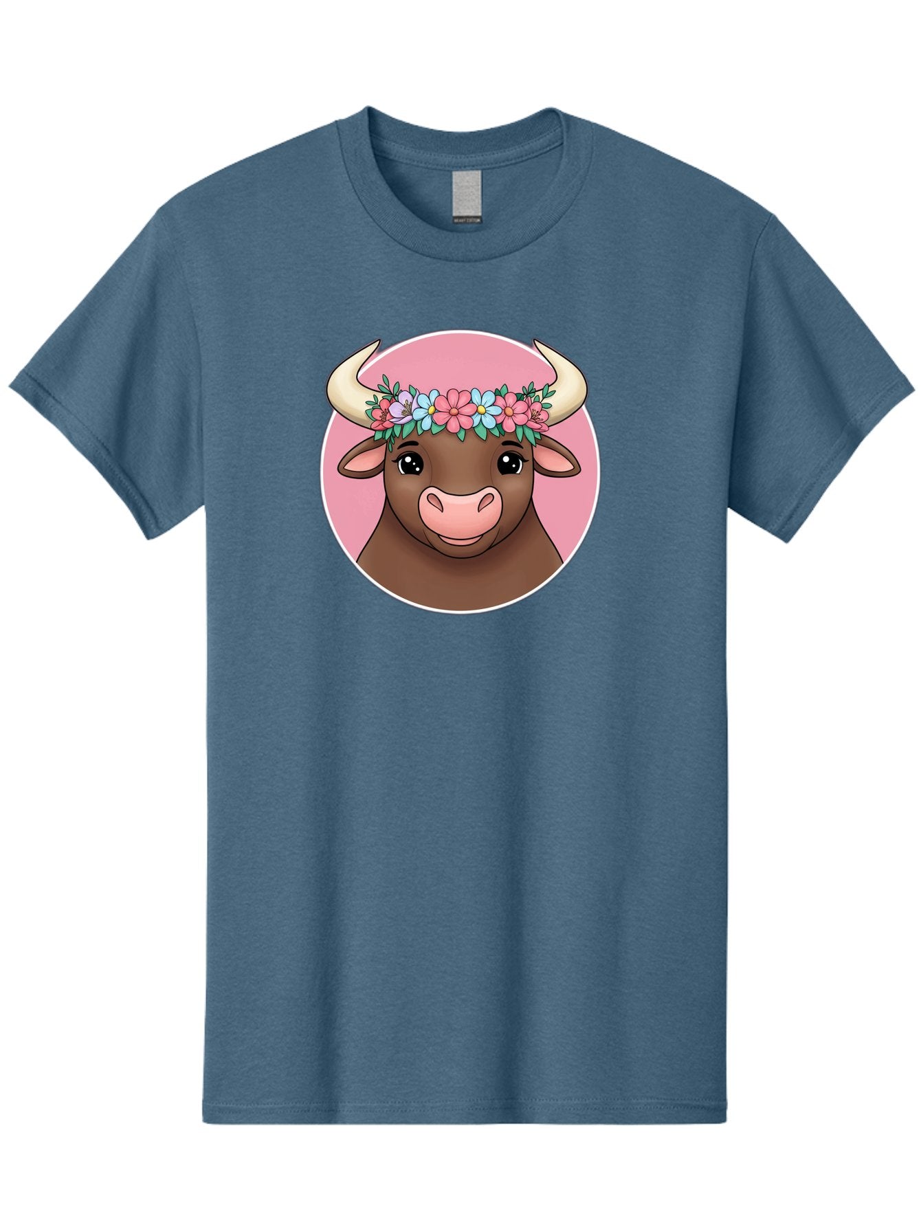 Cute-Bull-With-Flowers Men'S Graphic Tee, 100% Cotton, Comfortable Casual Summer Wear, Machine Washable, Cartoon Bull, Floral Wreath, Cute Animal, Pastel Colors, Adorable Illustration, Charming Design, Whimsical Art, Lovely Cow, Bae169 9