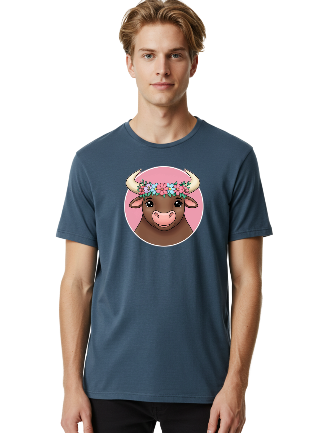Cute-Bull-With-Flowers Men'S Graphic Tee, 100% Cotton, Comfortable Casual Summer Wear, Machine Washable, Cartoon Bull, Floral Wreath, Cute Animal, Pastel Colors, Adorable Illustration, Charming Design, Whimsical Art, Lovely Cow, Bae169 20
