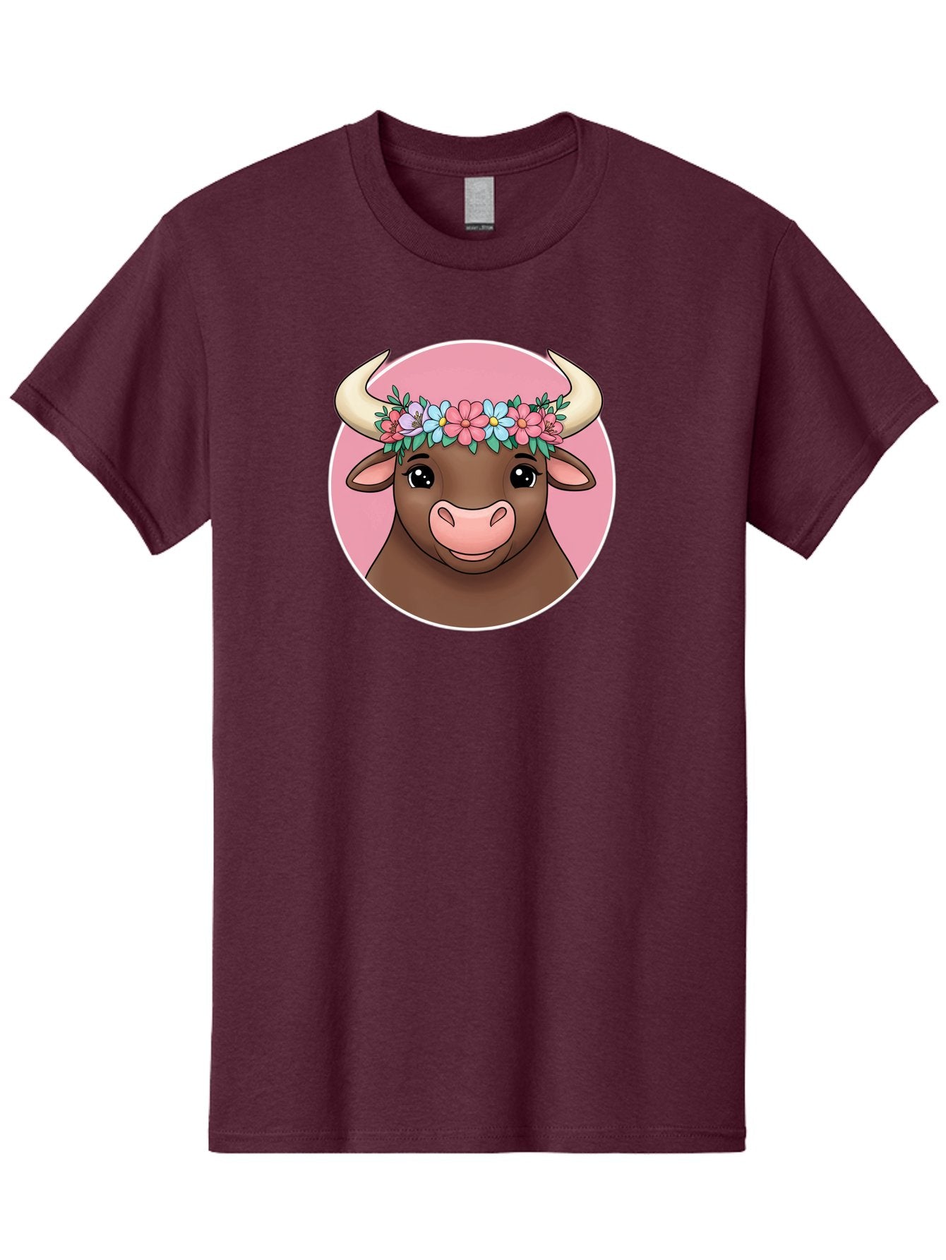 Cute-Bull-With-Flowers Men'S Graphic Tee, 100% Cotton, Comfortable Casual Summer Wear, Machine Washable, Cartoon Bull, Floral Wreath, Cute Animal, Pastel Colors, Adorable Illustration, Charming Design, Whimsical Art, Lovely Cow, Bae169 3