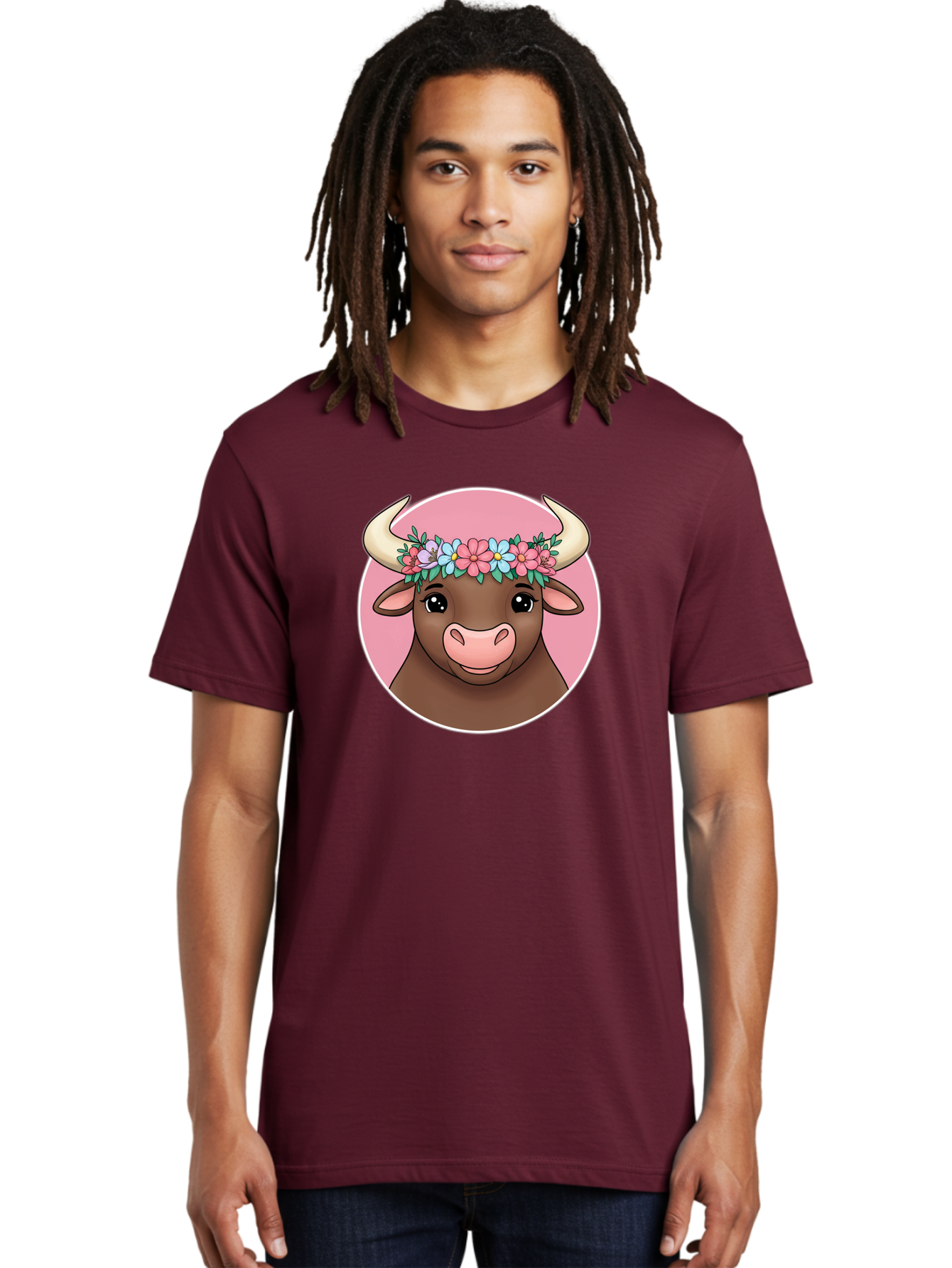 Cute-Bull-With-Flowers Men'S Graphic Tee, 100% Cotton, Comfortable Casual Summer Wear, Machine Washable, Cartoon Bull, Floral Wreath, Cute Animal, Pastel Colors, Adorable Illustration, Charming Design, Whimsical Art, Lovely Cow, Bae169 24