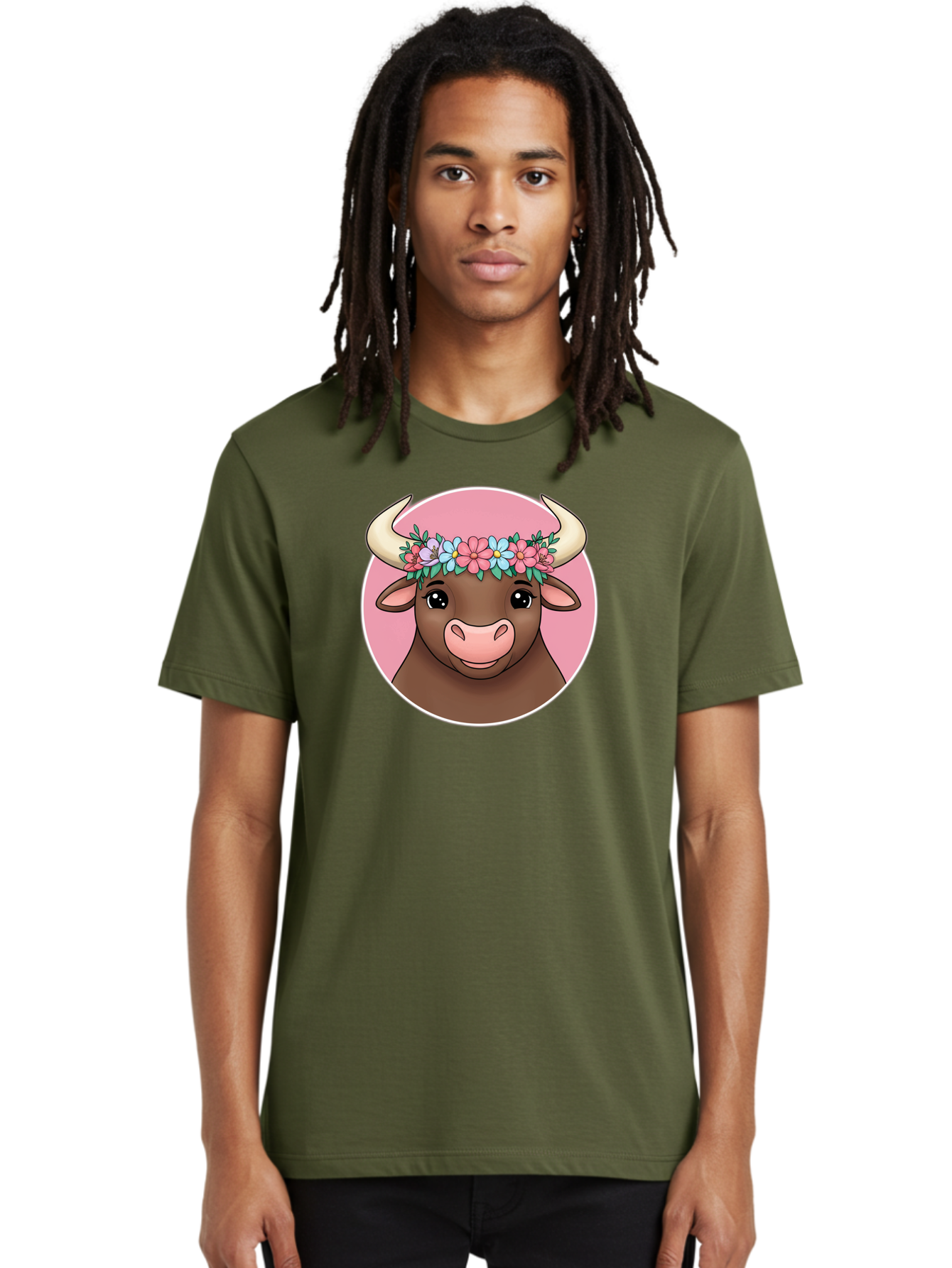 Cute-Bull-With-Flowers Men'S Graphic Tee, 100% Cotton, Comfortable Casual Summer Wear, Machine Washable, Cartoon Bull, Floral Wreath, Cute Animal, Pastel Colors, Adorable Illustration, Charming Design, Whimsical Art, Lovely Cow, Bae169 28