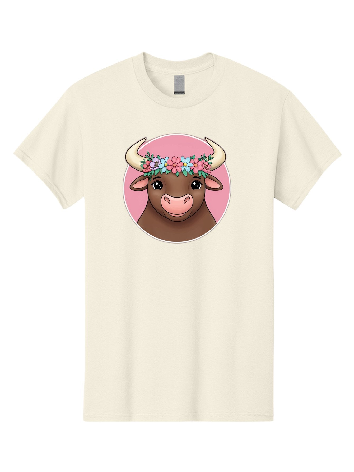 Cute-Bull-With-Flowers Men'S Graphic Tee, 100% Cotton, Comfortable Casual Summer Wear, Machine Washable, Cartoon Bull, Floral Wreath, Cute Animal, Pastel Colors, Adorable Illustration, Charming Design, Whimsical Art, Lovely Cow, Bae169 5
