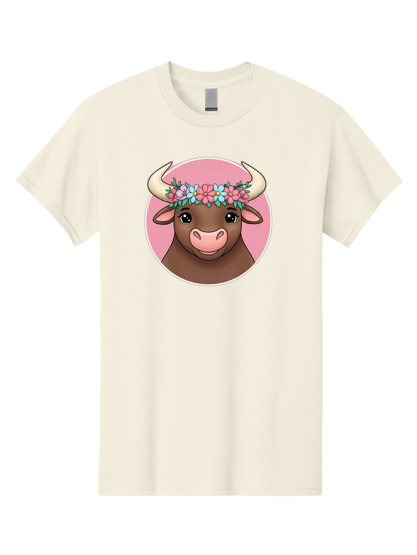 Cute-Bull-With-Flowers Men'S Graphic Tee, 100% Cotton, Comfortable Casual Summer Wear, Machine Washable, Cartoon Bull, Floral Wreath, Cute Animal, Pastel Colors, Adorable Illustration, Charming Design, Whimsical Art, Lovely Cow, Bae169 8