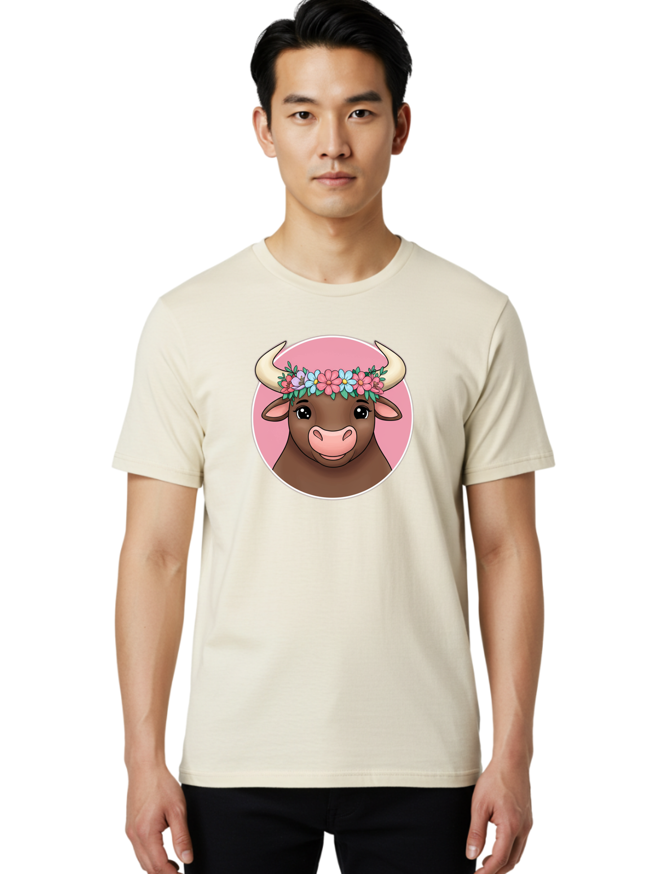 Cute-Bull-With-Flowers Men'S Graphic Tee, 100% Cotton, Comfortable Casual Summer Wear, Machine Washable, Cartoon Bull, Floral Wreath, Cute Animal, Pastel Colors, Adorable Illustration, Charming Design, Whimsical Art, Lovely Cow, Bae169 23
