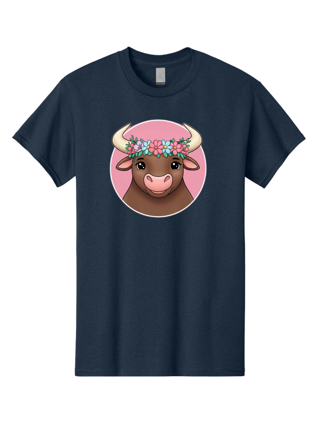 Cute-Bull-With-Flowers Men'S Graphic Tee, 100% Cotton, Comfortable Casual Summer Wear, Machine Washable, Cartoon Bull, Floral Wreath, Cute Animal, Pastel Colors, Adorable Illustration, Charming Design, Whimsical Art, Lovely Cow, Bae169 14