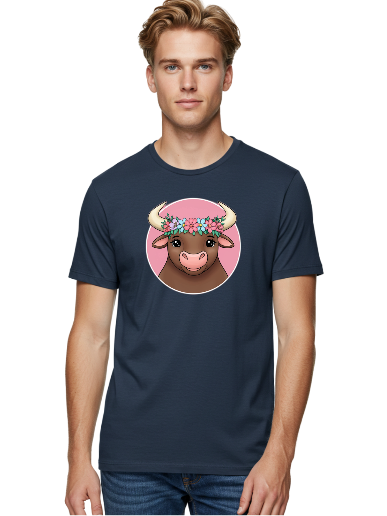 Cute-Bull-With-Flowers Men'S Graphic Tee, 100% Cotton, Comfortable Casual Summer Wear, Machine Washable, Cartoon Bull, Floral Wreath, Cute Animal, Pastel Colors, Adorable Illustration, Charming Design, Whimsical Art, Lovely Cow, Bae169 29
