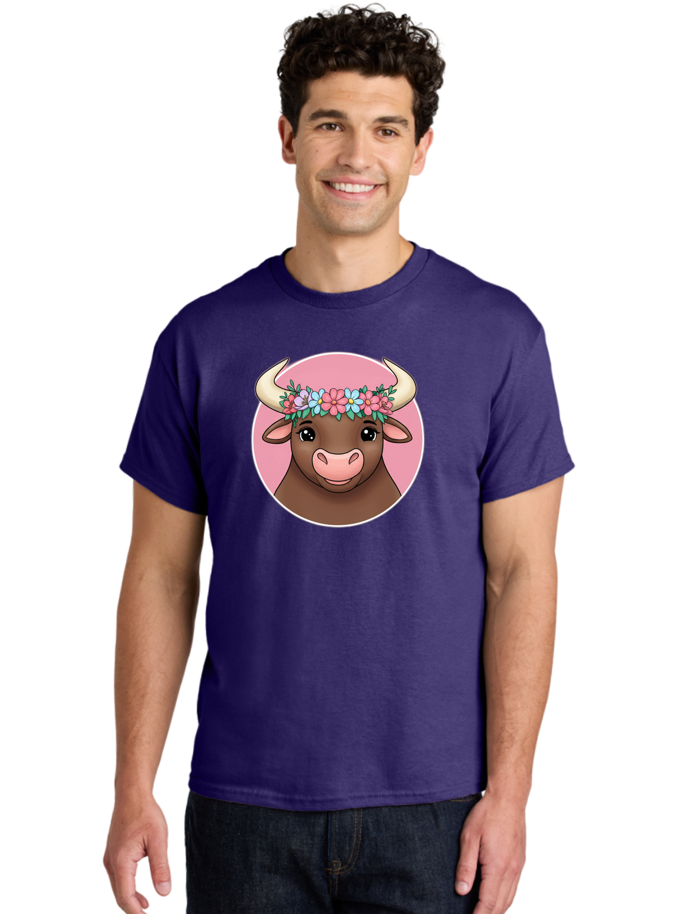 Cute-Bull-With-Flowers Men'S Graphic Tee, 100% Cotton, Comfortable Casual Summer Wear, Machine Washable, Cartoon Bull, Floral Wreath, Cute Animal, Pastel Colors, Adorable Illustration, Charming Design, Whimsical Art, Lovely Cow, Bae169 22