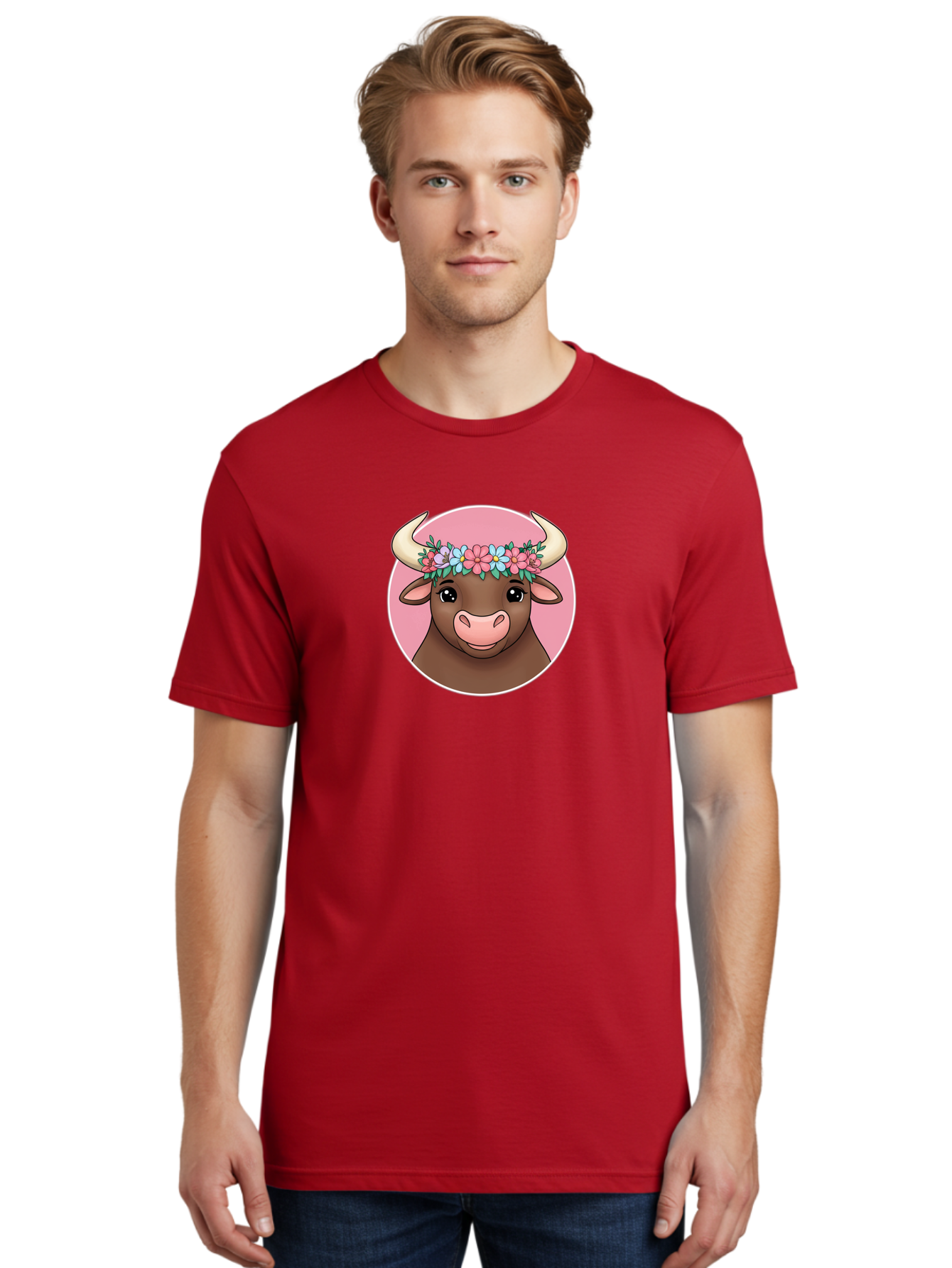 Cute-Bull-With-Flowers Men'S Graphic Tee, 100% Cotton, Comfortable Casual Summer Wear, Machine Washable, Cartoon Bull, Floral Wreath, Cute Animal, Pastel Colors, Adorable Illustration, Charming Design, Whimsical Art, Lovely Cow, Bae169 19