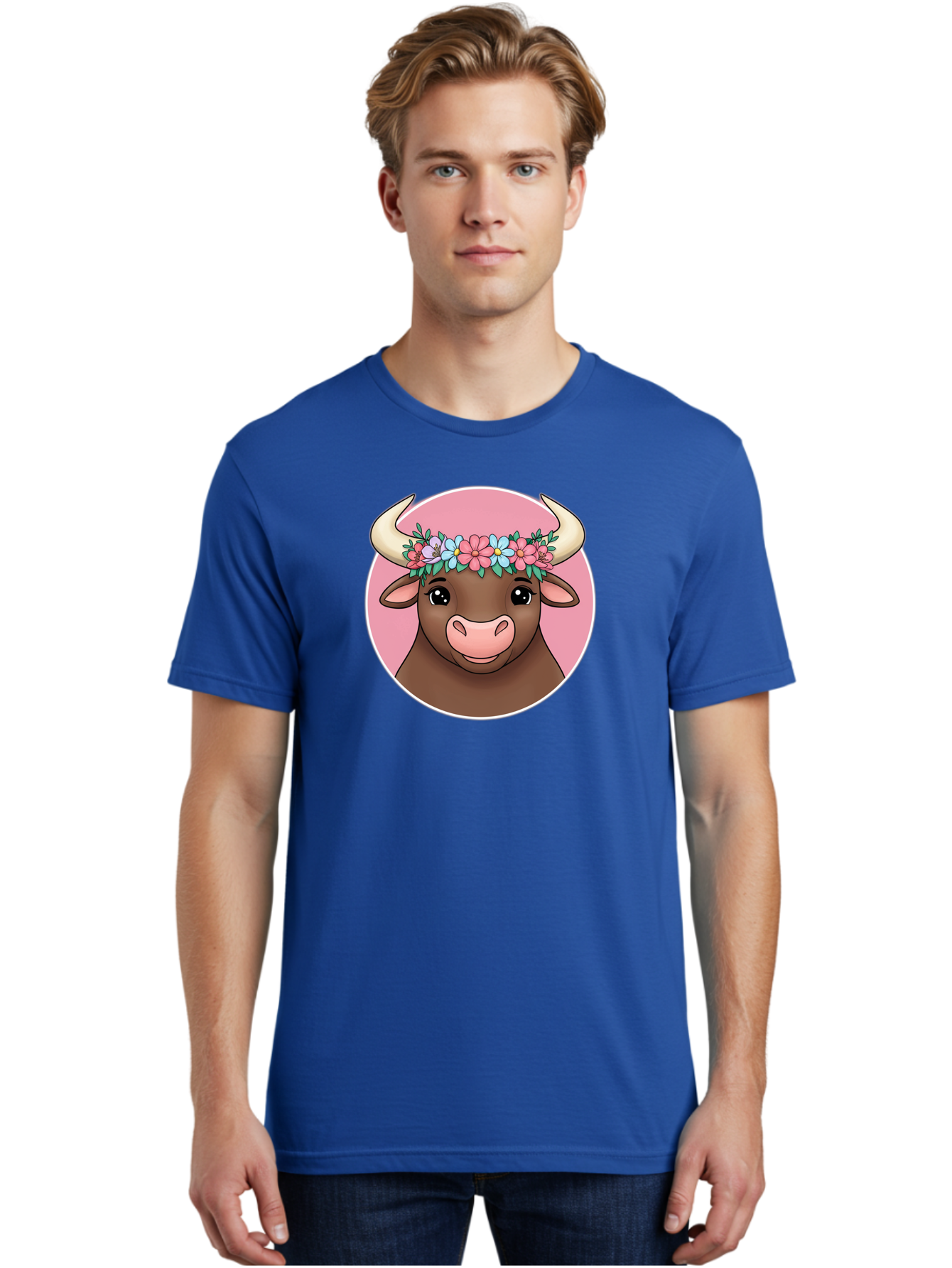 Cute-Bull-With-Flowers Men'S Graphic Tee, 100% Cotton, Comfortable Casual Summer Wear, Machine Washable, Cartoon Bull, Floral Wreath, Cute Animal, Pastel Colors, Adorable Illustration, Charming Design, Whimsical Art, Lovely Cow, Bae169 25