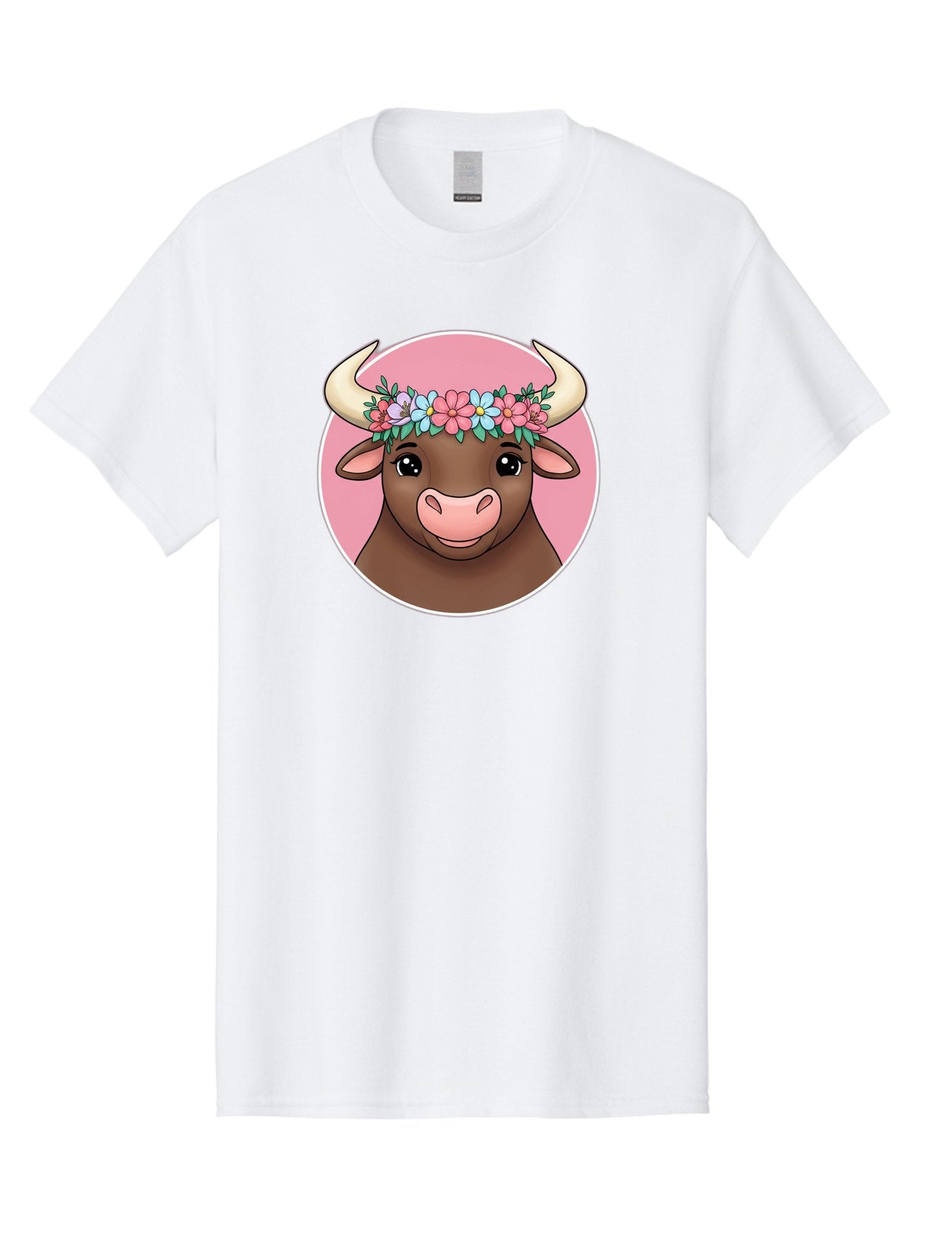 Cute-Bull-With-Flowers Men'S Graphic Tee, 100% Cotton, Comfortable Casual Summer Wear, Machine Washable, Cartoon Bull, Floral Wreath, Cute Animal, Pastel Colors, Adorable Illustration, Charming Design, Whimsical Art, Lovely Cow, Bae169 14