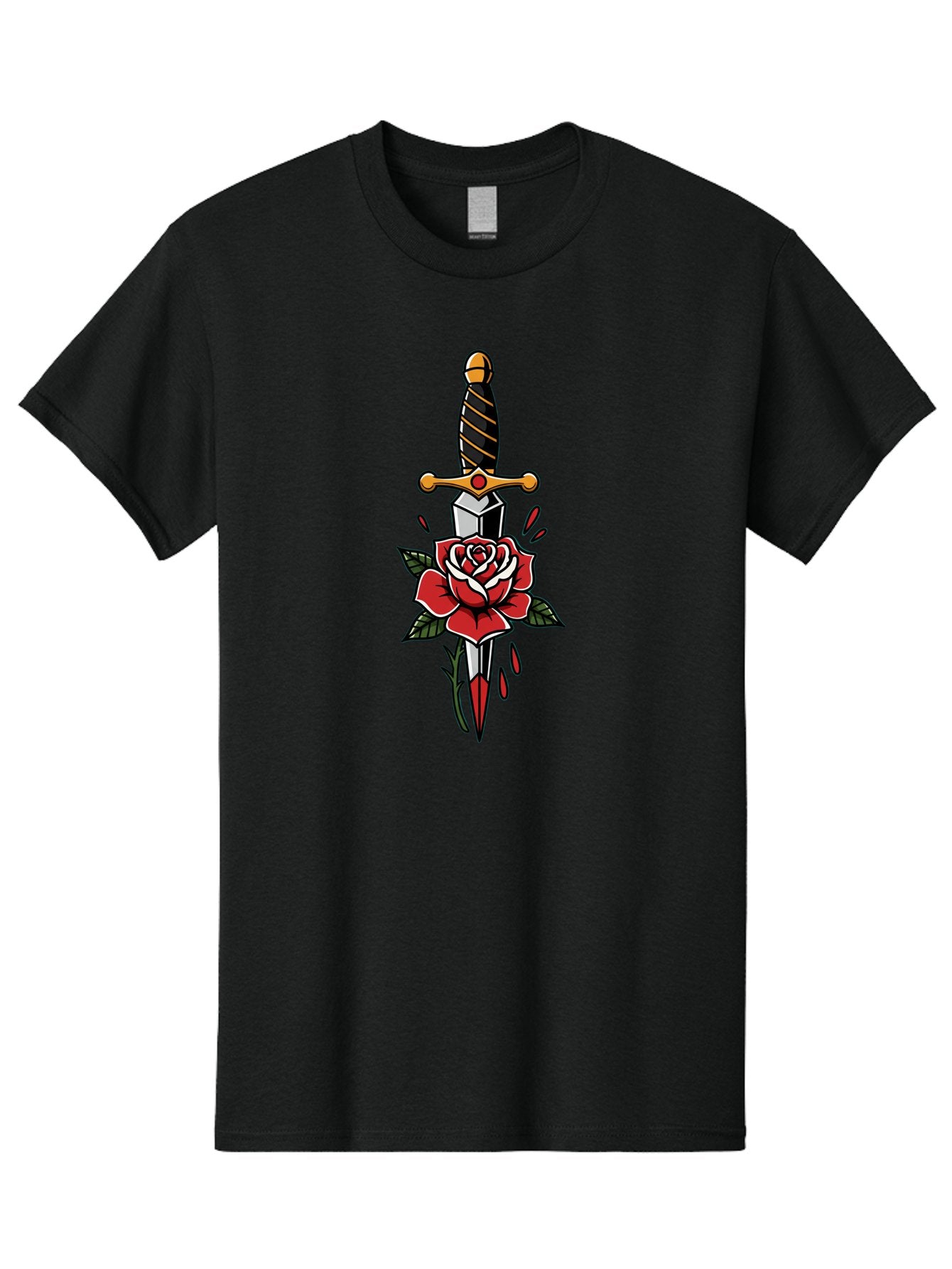 Dagger-And-Rose-1 Men'S Graphic Tee, 100% Cotton, Comfortable Casual Summer Wear, Machine Washable, Dagger Piercing Rose, Red Rose, Sharp Dagger, Blood Splatter, Body Art, Tattoo Art, Traditional Tattoo, Bold Lines, Vibrant Red Bae170 11