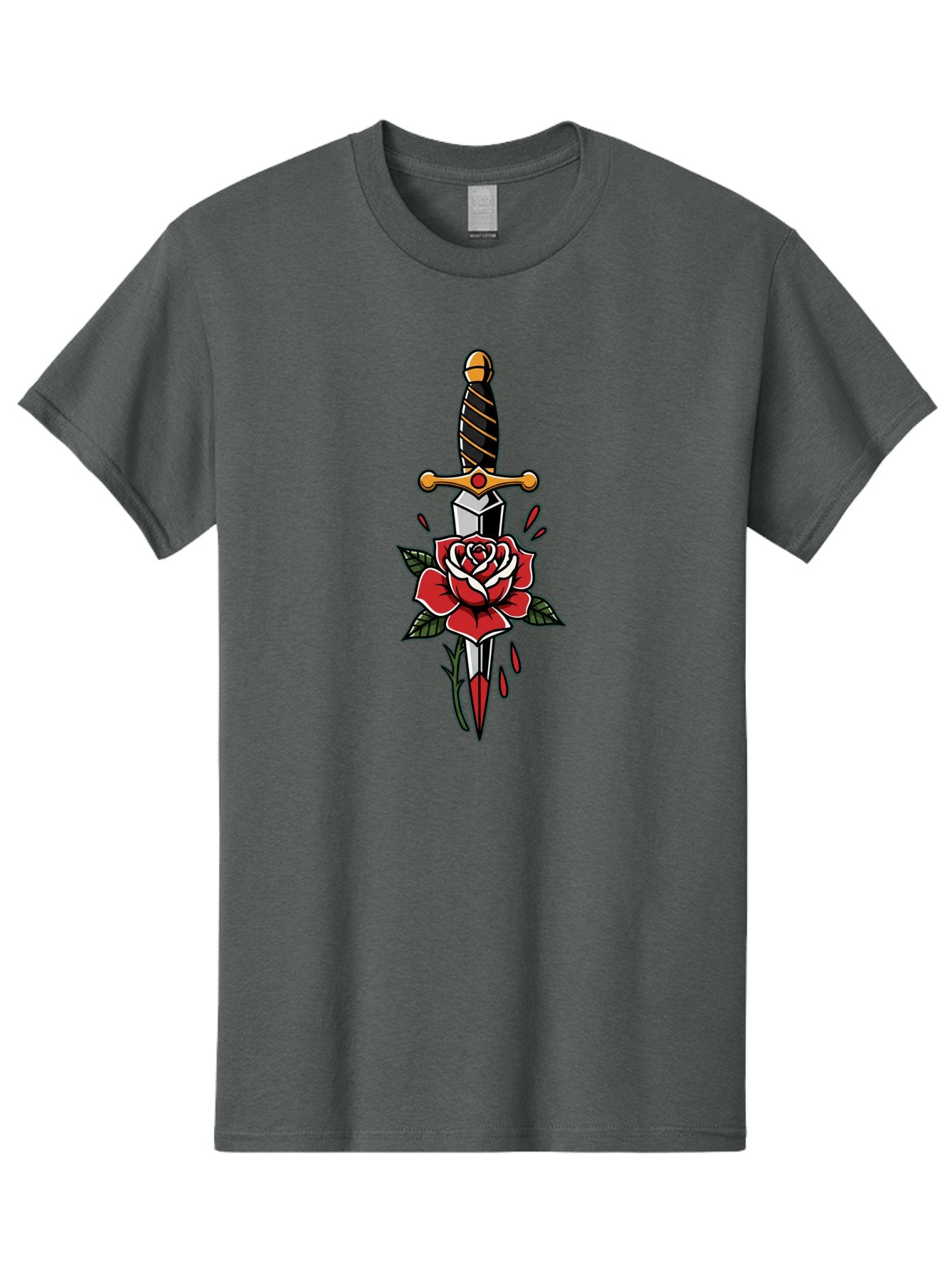 Dagger-And-Rose-1 Men'S Graphic Tee, 100% Cotton, Comfortable Casual Summer Wear, Machine Washable, Dagger Piercing Rose, Red Rose, Sharp Dagger, Blood Splatter, Body Art, Tattoo Art, Traditional Tattoo, Bold Lines, Vibrant Red Bae170 13