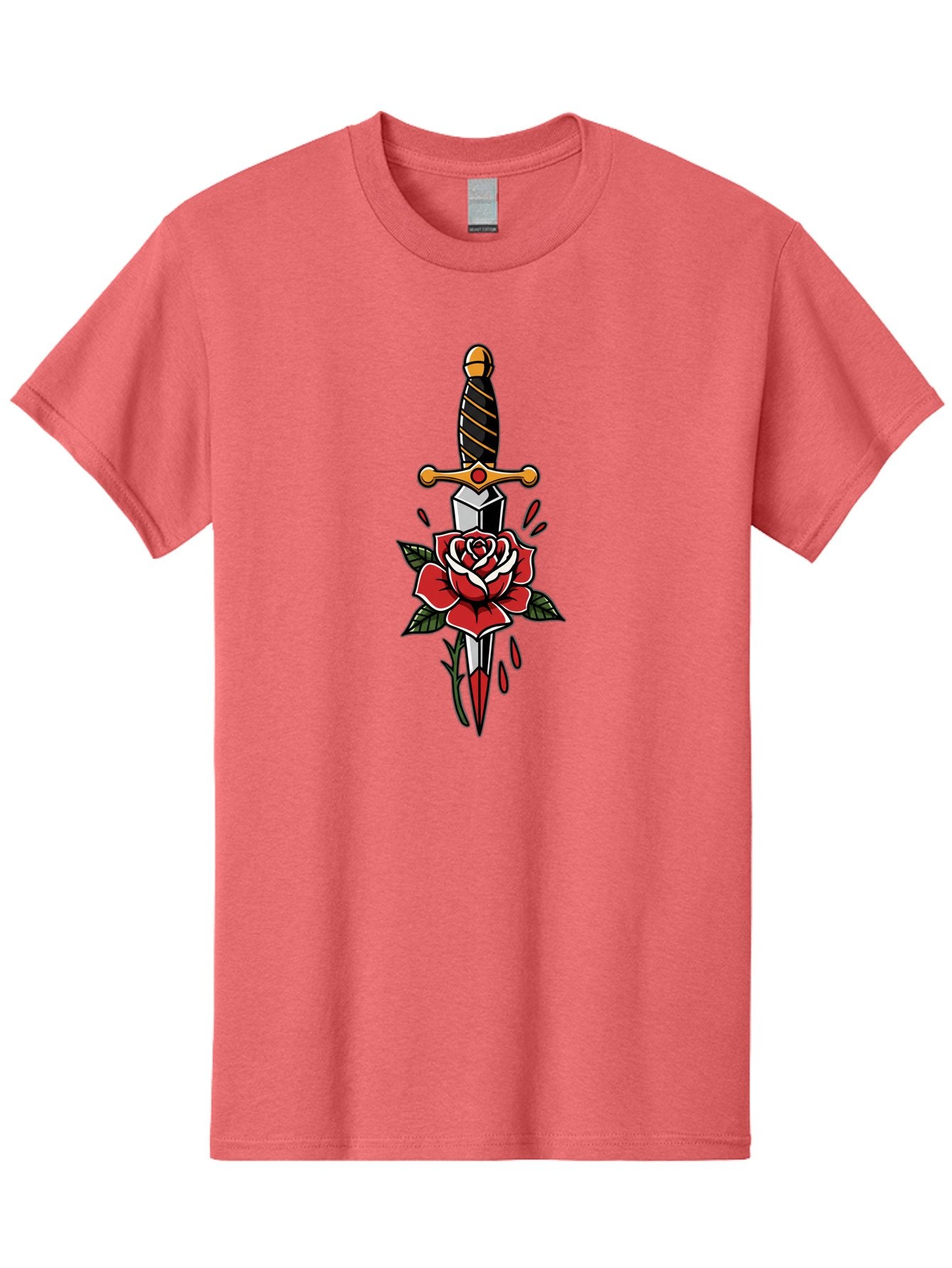 Dagger-And-Rose-1 Men'S Graphic Tee, 100% Cotton, Comfortable Casual Summer Wear, Machine Washable, Dagger Piercing Rose, Red Rose, Sharp Dagger, Blood Splatter, Body Art, Tattoo Art, Traditional Tattoo, Bold Lines, Vibrant Red Bae170 5