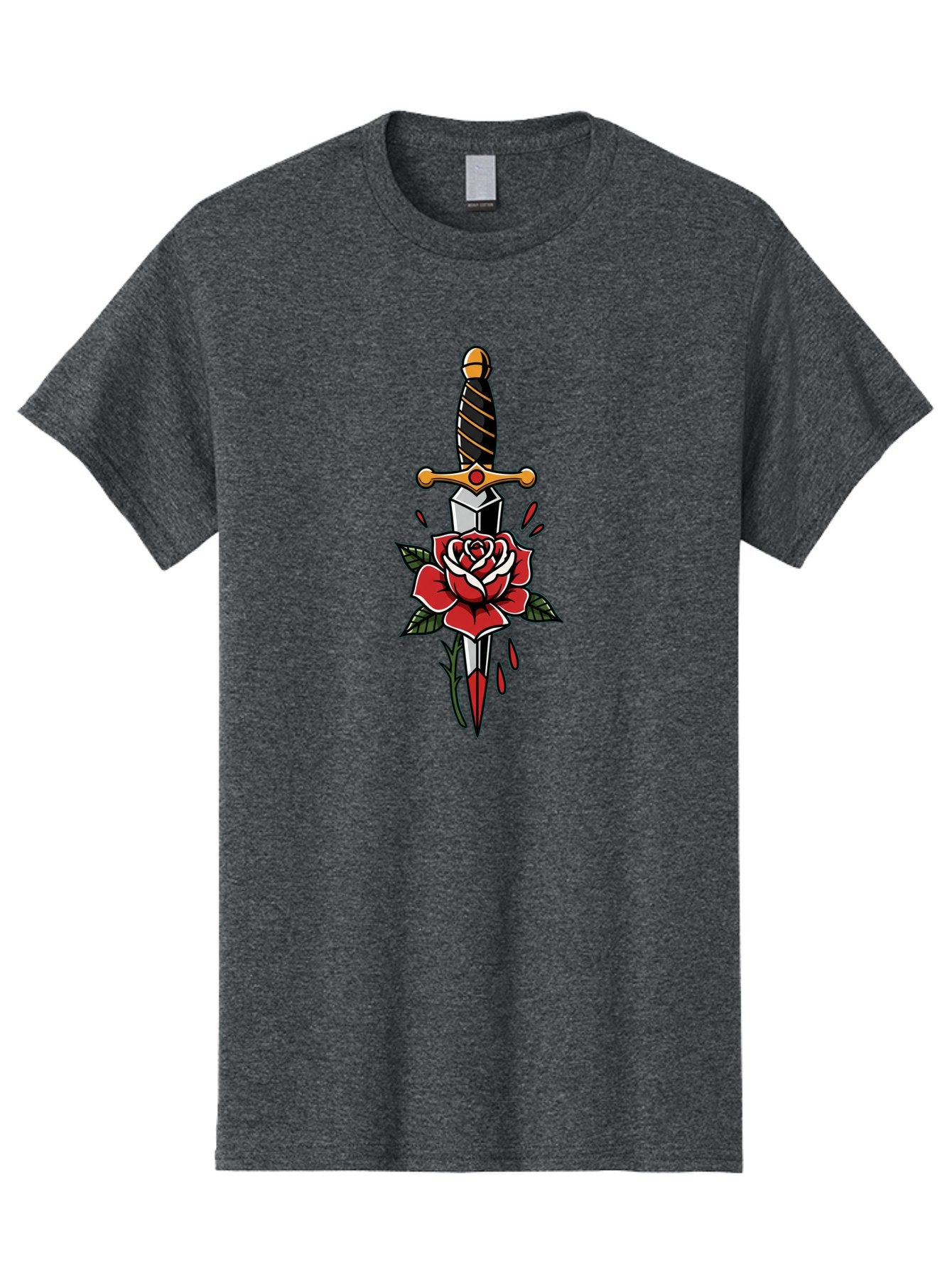 Dagger-And-Rose-1 Men'S Graphic Tee, 100% Cotton, Comfortable Casual Summer Wear, Machine Washable, Dagger Piercing Rose, Red Rose, Sharp Dagger, Blood Splatter, Body Art, Tattoo Art, Traditional Tattoo, Bold Lines, Vibrant Red Bae170 3
