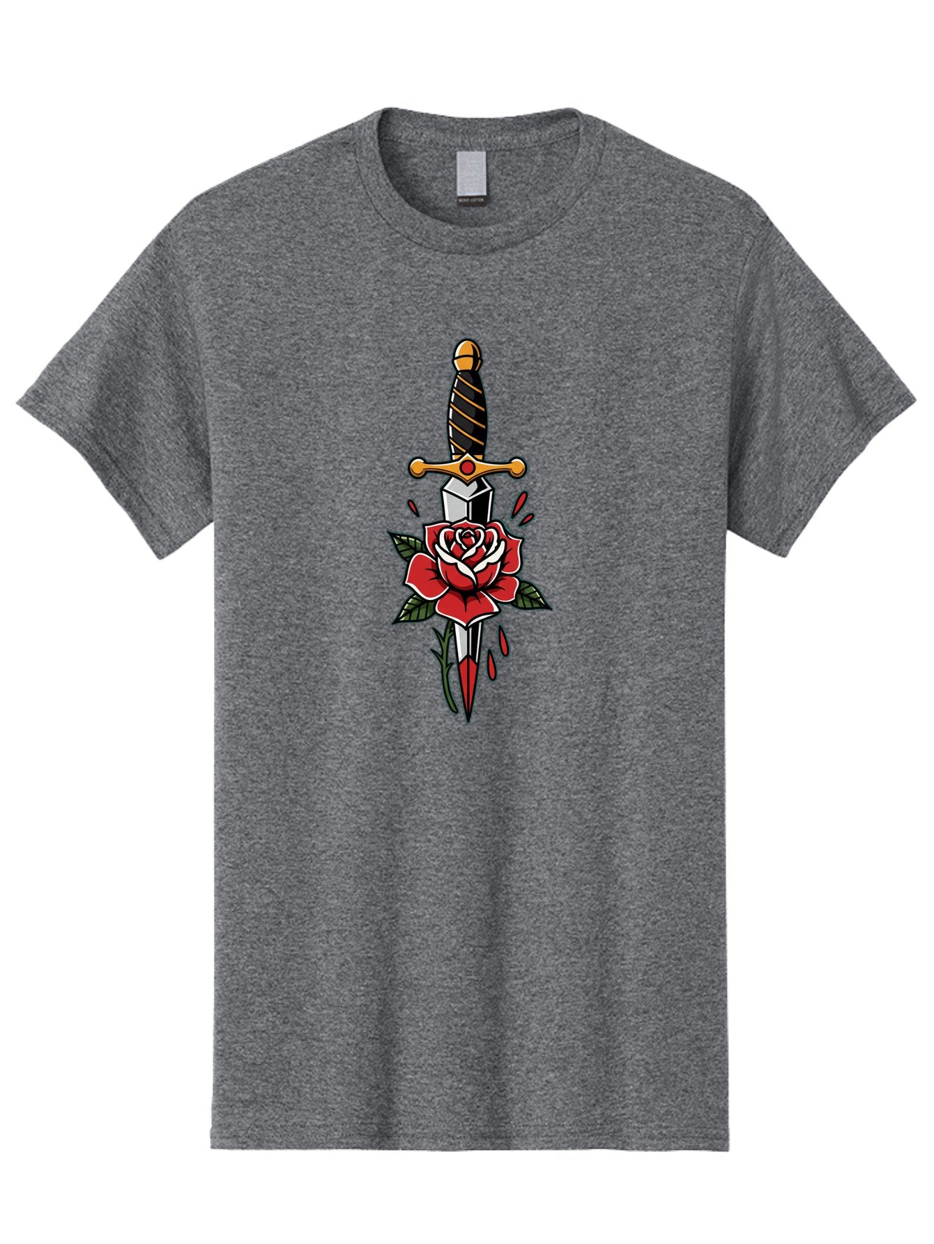 Dagger-And-Rose-1 Men'S Graphic Tee, 100% Cotton, Comfortable Casual Summer Wear, Machine Washable, Dagger Piercing Rose, Red Rose, Sharp Dagger, Blood Splatter, Body Art, Tattoo Art, Traditional Tattoo, Bold Lines, Vibrant Red Bae170 7