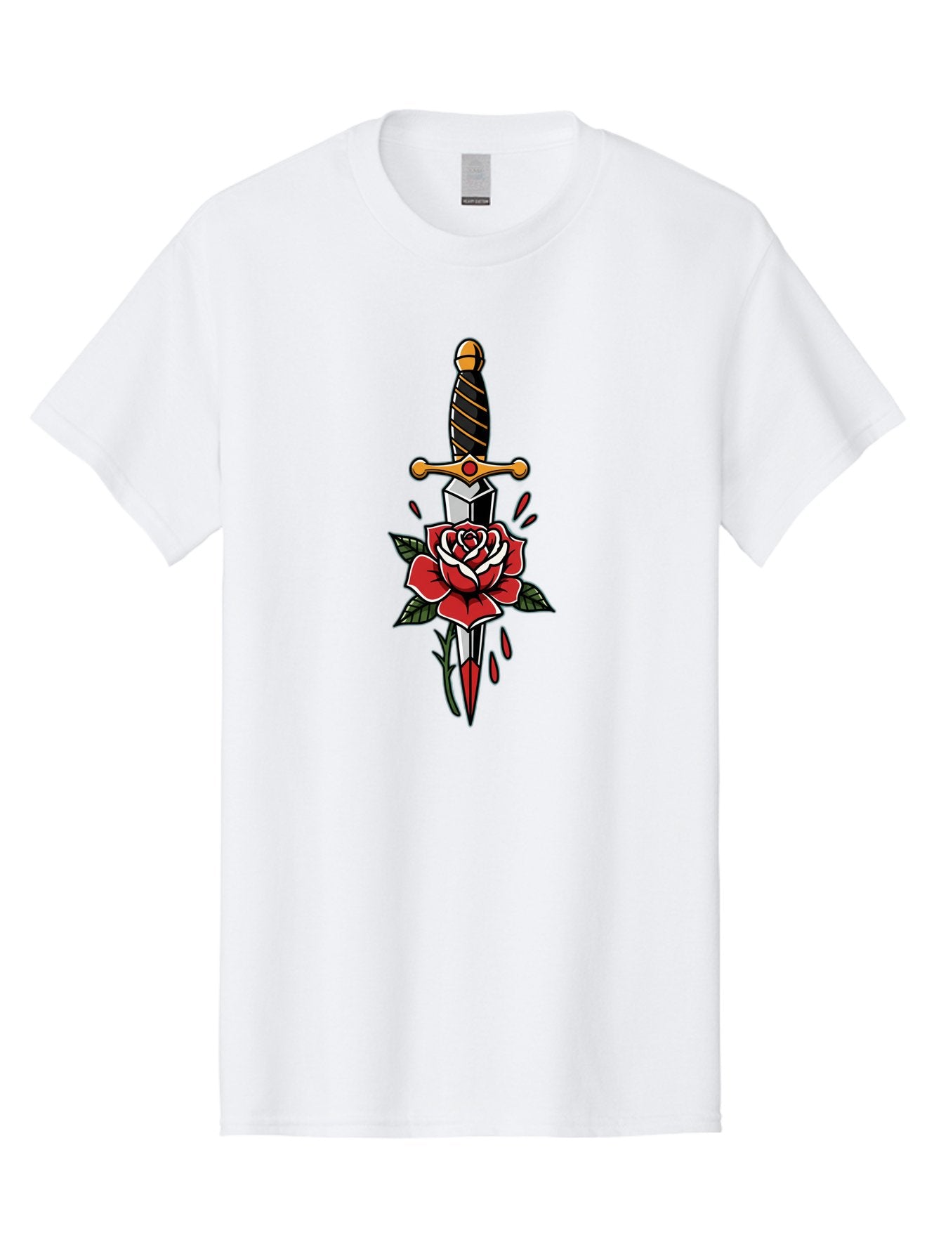 Dagger-And-Rose-1 Men'S Graphic Tee, 100% Cotton, Comfortable Casual Summer Wear, Machine Washable, Dagger Piercing Rose, Red Rose, Sharp Dagger, Blood Splatter, Body Art, Tattoo Art, Traditional Tattoo, Bold Lines, Vibrant Red Bae170 12