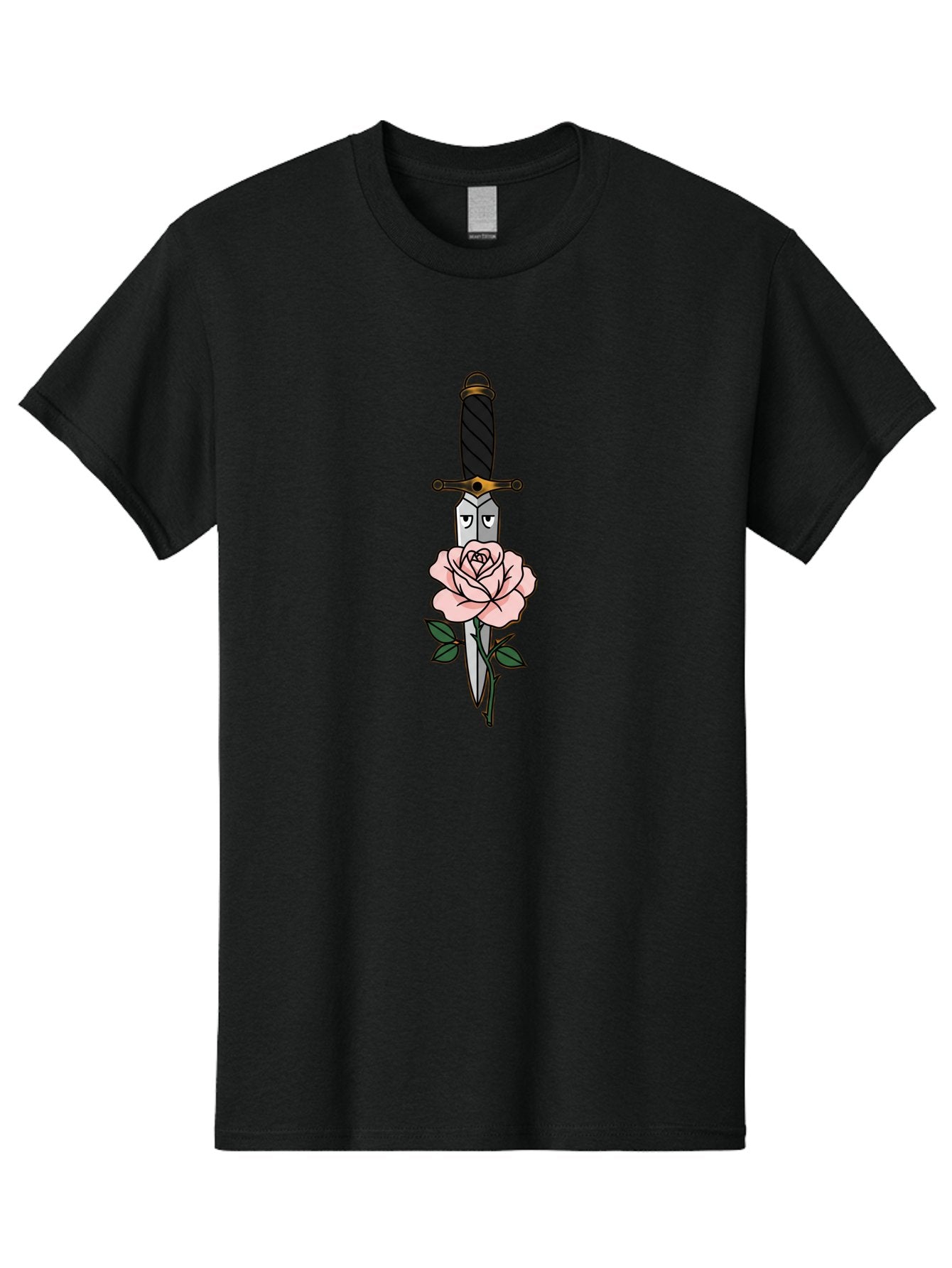 Dagger-And-Rose Men'S Graphic Tee, 100% Cotton, Comfortable Casual Summer Wear, Machine Washable, Dagger Piercing A Rose, Tattoo Art, Floral Design, Sharp Blade, Pink Rose, Gothic Style, Symbolic Imagery, Traditional Tattoo, Bae171 6