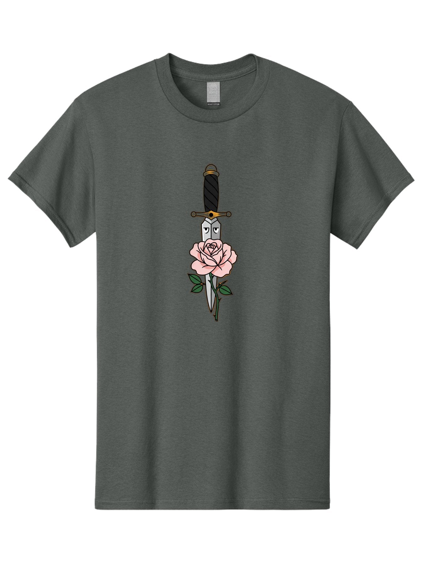 Dagger-And-Rose Men'S Graphic Tee, 100% Cotton, Comfortable Casual Summer Wear, Machine Washable, Dagger Piercing A Rose, Tattoo Art, Floral Design, Sharp Blade, Pink Rose, Gothic Style, Symbolic Imagery, Traditional Tattoo, Bae171 14