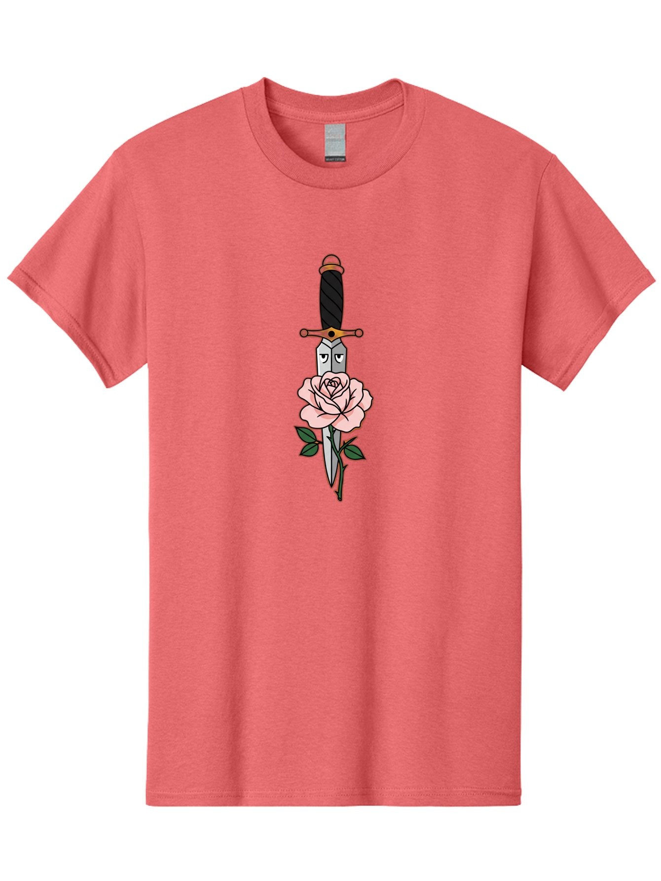 Dagger-And-Rose Men'S Graphic Tee, 100% Cotton, Comfortable Casual Summer Wear, Machine Washable, Dagger Piercing A Rose, Tattoo Art, Floral Design, Sharp Blade, Pink Rose, Gothic Style, Symbolic Imagery, Traditional Tattoo, Bae171 10