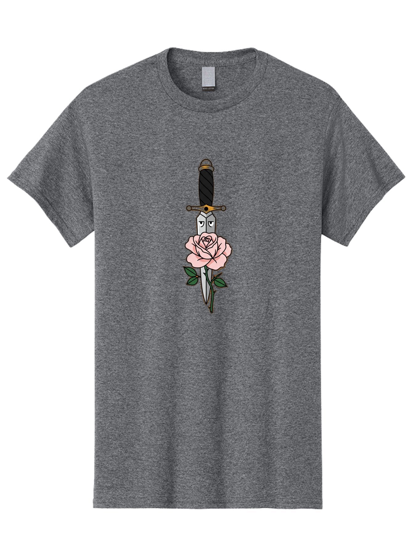 Dagger-And-Rose Men'S Graphic Tee, 100% Cotton, Comfortable Casual Summer Wear, Machine Washable, Dagger Piercing A Rose, Tattoo Art, Floral Design, Sharp Blade, Pink Rose, Gothic Style, Symbolic Imagery, Traditional Tattoo, Bae171 5