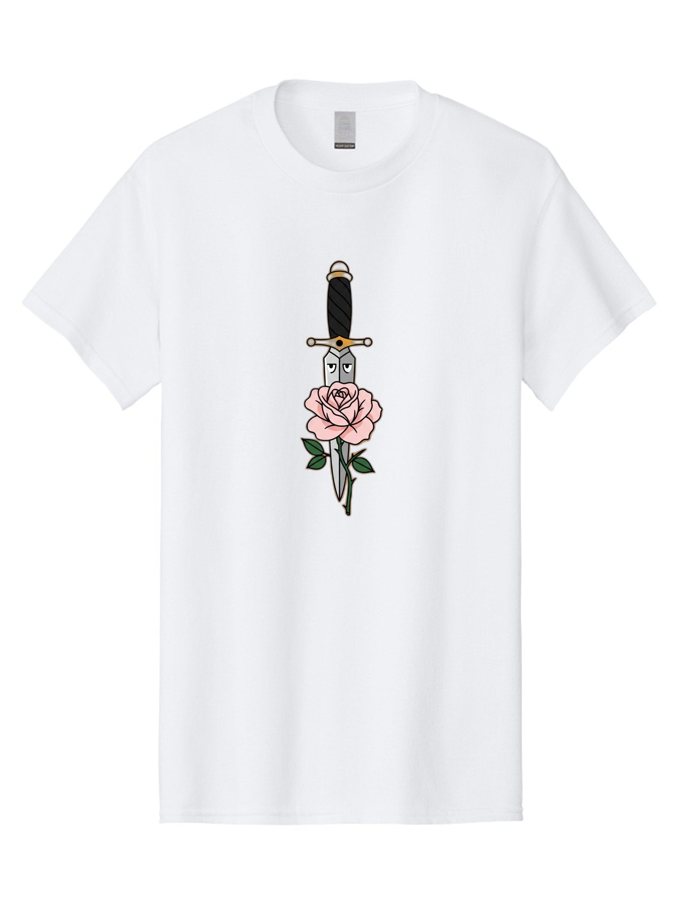 Dagger-And-Rose Men'S Graphic Tee, 100% Cotton, Comfortable Casual Summer Wear, Machine Washable, Dagger Piercing A Rose, Tattoo Art, Floral Design, Sharp Blade, Pink Rose, Gothic Style, Symbolic Imagery, Traditional Tattoo, Bae171 13