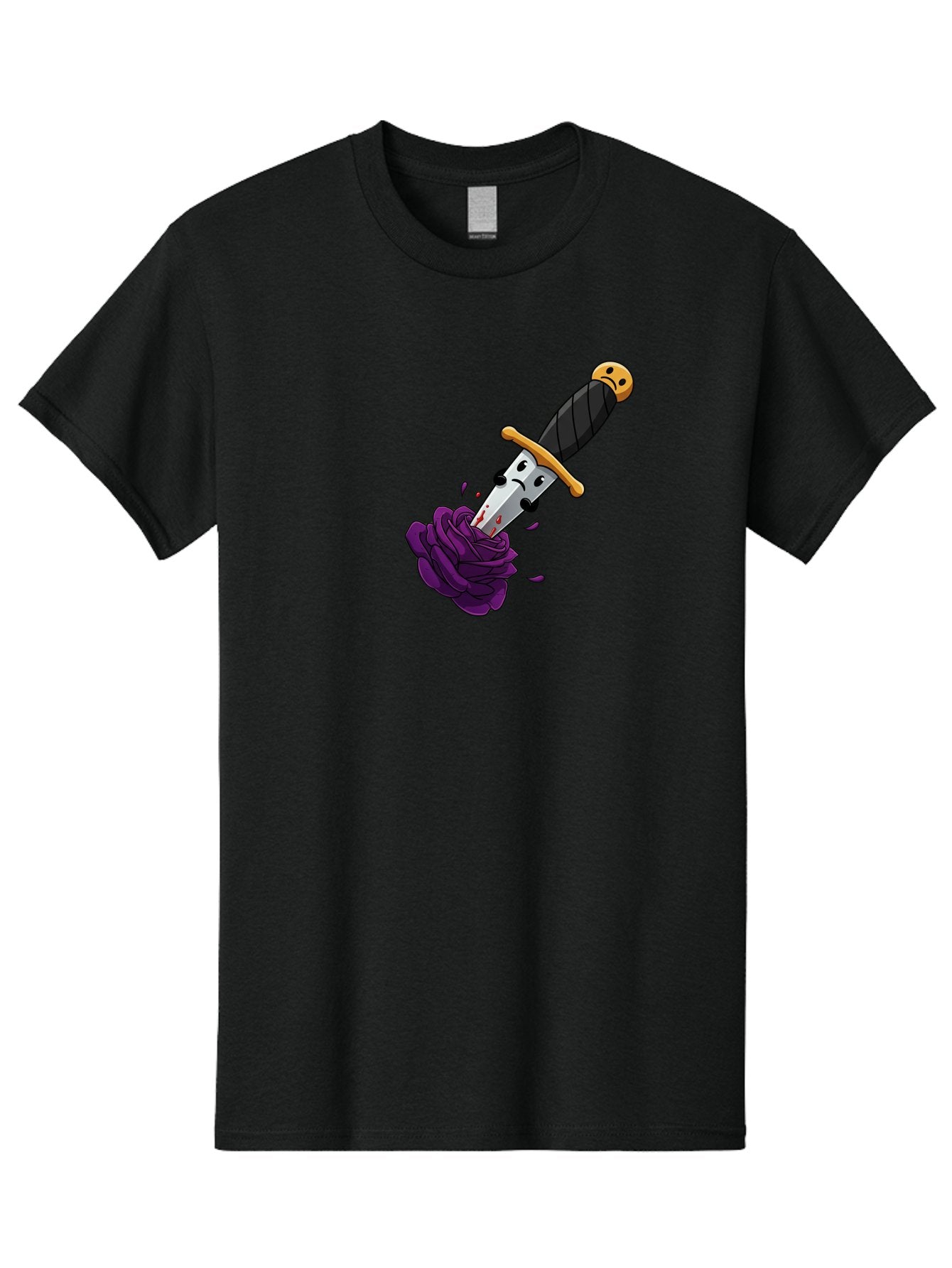 Dagger-With-Face Men'S Graphic Tee, 100% Cotton, Comfortable Casual Summer Wear, Machine Washable, Dagger With Face, Purple Rose, Cartoon Dagger, Stabbed Rose, Gold Hilt, Black Handle, Facial Expression, Floral Imagery, Symbolic Violence, Bae172 12