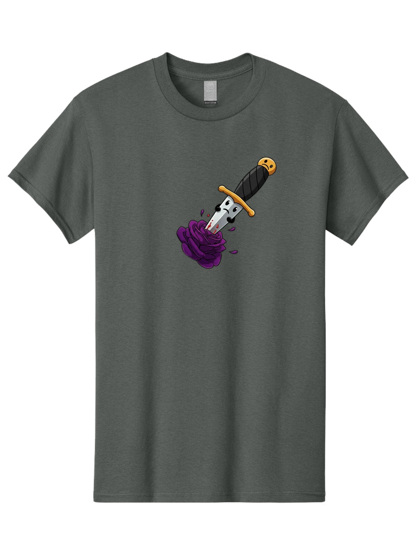 Dagger-With-Face Men'S Graphic Tee, 100% Cotton, Comfortable Casual Summer Wear, Machine Washable, Dagger With Face, Purple Rose, Cartoon Dagger, Stabbed Rose, Gold Hilt, Black Handle, Facial Expression, Floral Imagery, Symbolic Violence, Bae172 8