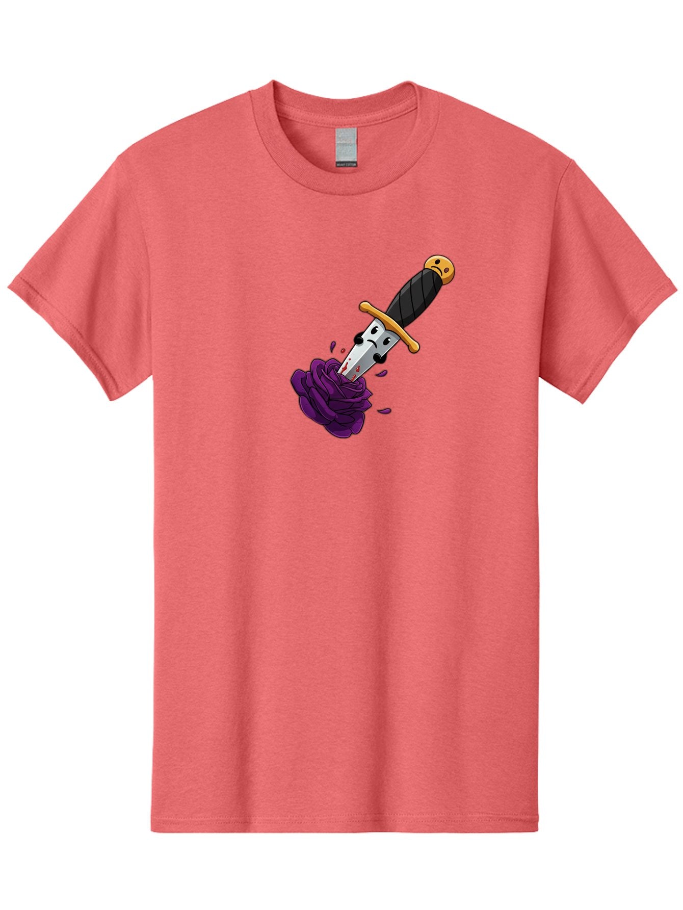 Dagger-With-Face Men'S Graphic Tee, 100% Cotton, Comfortable Casual Summer Wear, Machine Washable, Dagger With Face, Purple Rose, Cartoon Dagger, Stabbed Rose, Gold Hilt, Black Handle, Facial Expression, Floral Imagery, Symbolic Violence, Bae172