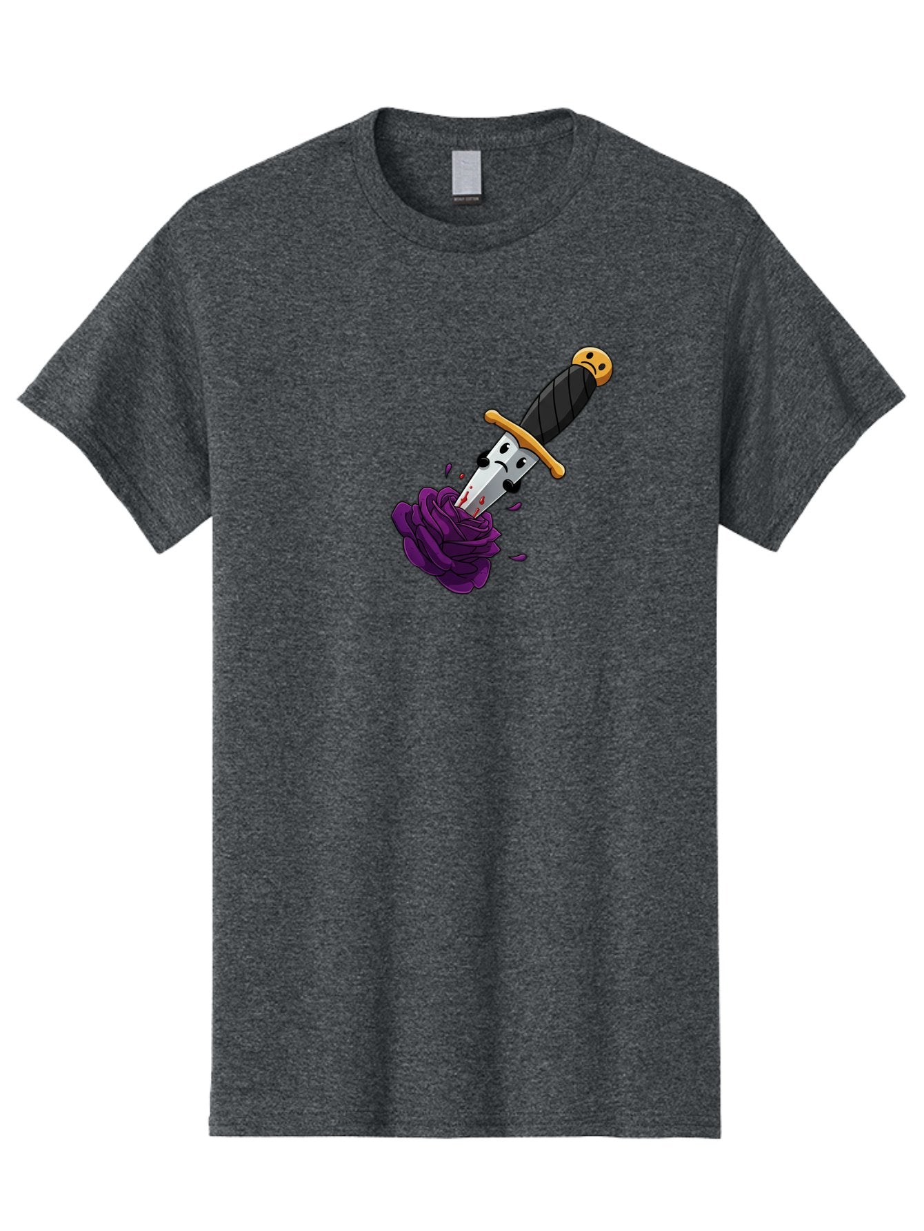 Dagger-With-Face Men'S Graphic Tee, 100% Cotton, Comfortable Casual Summer Wear, Machine Washable, Dagger With Face, Purple Rose, Cartoon Dagger, Stabbed Rose, Gold Hilt, Black Handle, Facial Expression, Floral Imagery, Symbolic Violence, Bae172 9