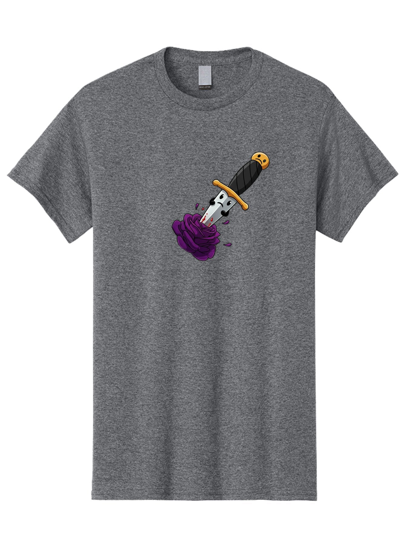 Dagger-With-Face Men'S Graphic Tee, 100% Cotton, Comfortable Casual Summer Wear, Machine Washable, Dagger With Face, Purple Rose, Cartoon Dagger, Stabbed Rose, Gold Hilt, Black Handle, Facial Expression, Floral Imagery, Symbolic Violence, Bae172