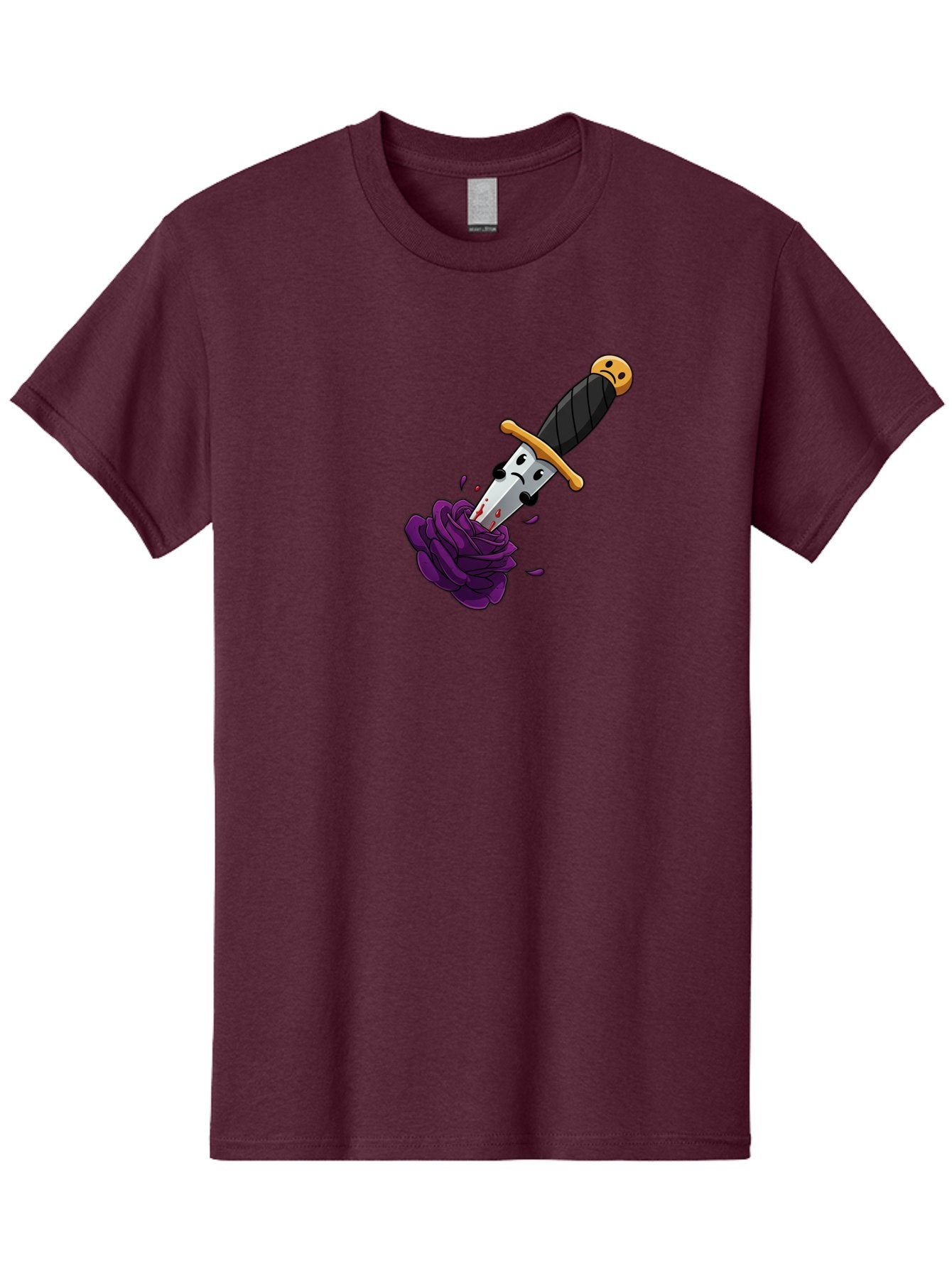 Dagger-With-Face Men'S Graphic Tee, 100% Cotton, Comfortable Casual Summer Wear, Machine Washable, Dagger With Face, Purple Rose, Cartoon Dagger, Stabbed Rose, Gold Hilt, Black Handle, Facial Expression, Floral Imagery, Symbolic Violence, Bae172 5