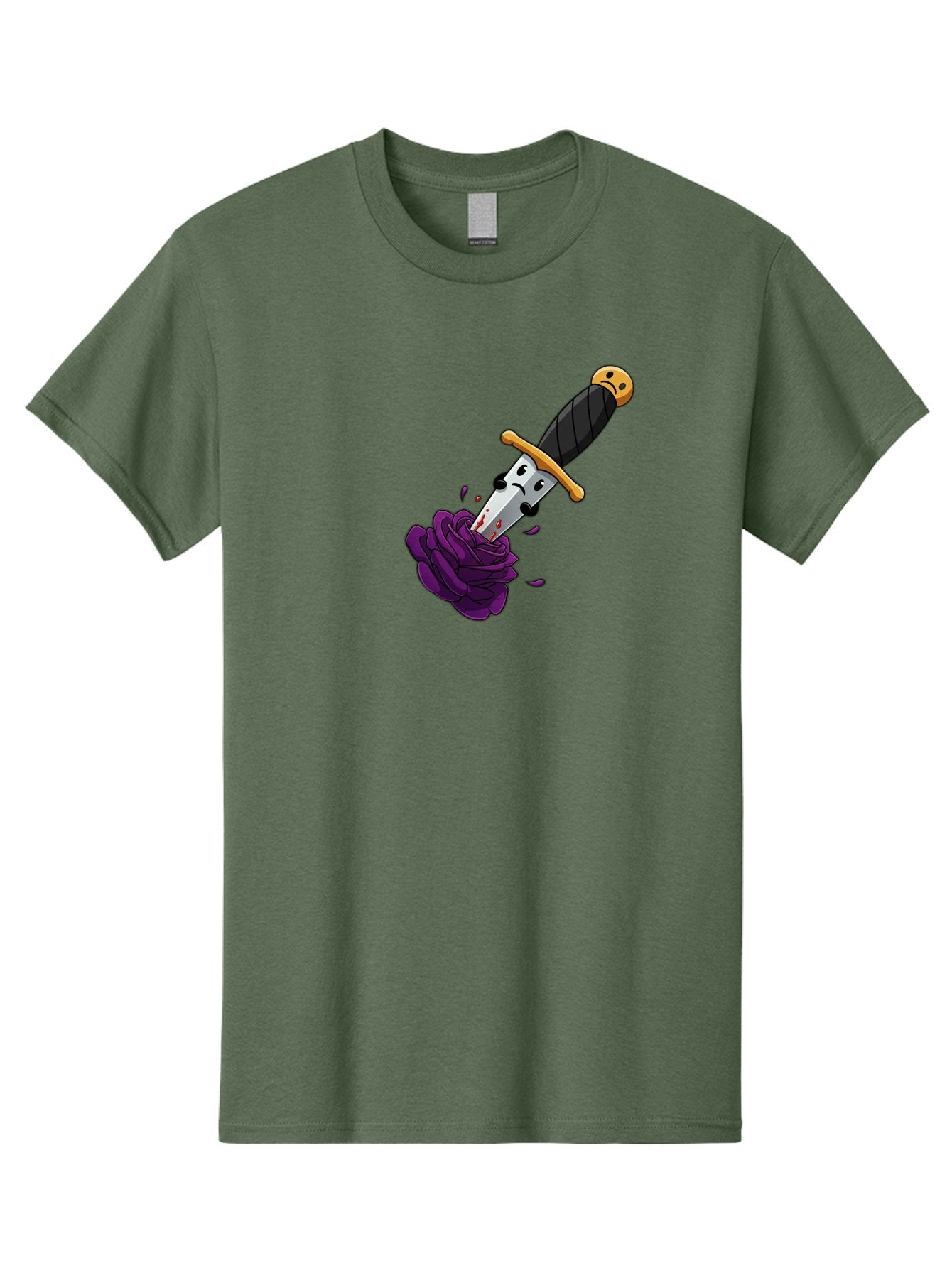 Dagger-With-Face Men'S Graphic Tee, 100% Cotton, Comfortable Casual Summer Wear, Machine Washable, Dagger With Face, Purple Rose, Cartoon Dagger, Stabbed Rose, Gold Hilt, Black Handle, Facial Expression, Floral Imagery, Symbolic Violence, Bae172 3