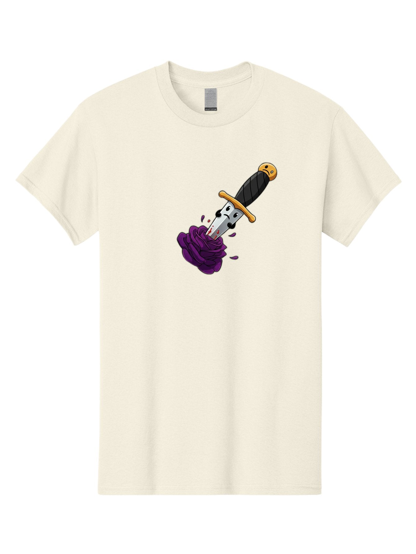 Dagger-With-Face Men'S Graphic Tee, 100% Cotton, Comfortable Casual Summer Wear, Machine Washable, Dagger With Face, Purple Rose, Cartoon Dagger, Stabbed Rose, Gold Hilt, Black Handle, Facial Expression, Floral Imagery, Symbolic Violence, Bae172 4