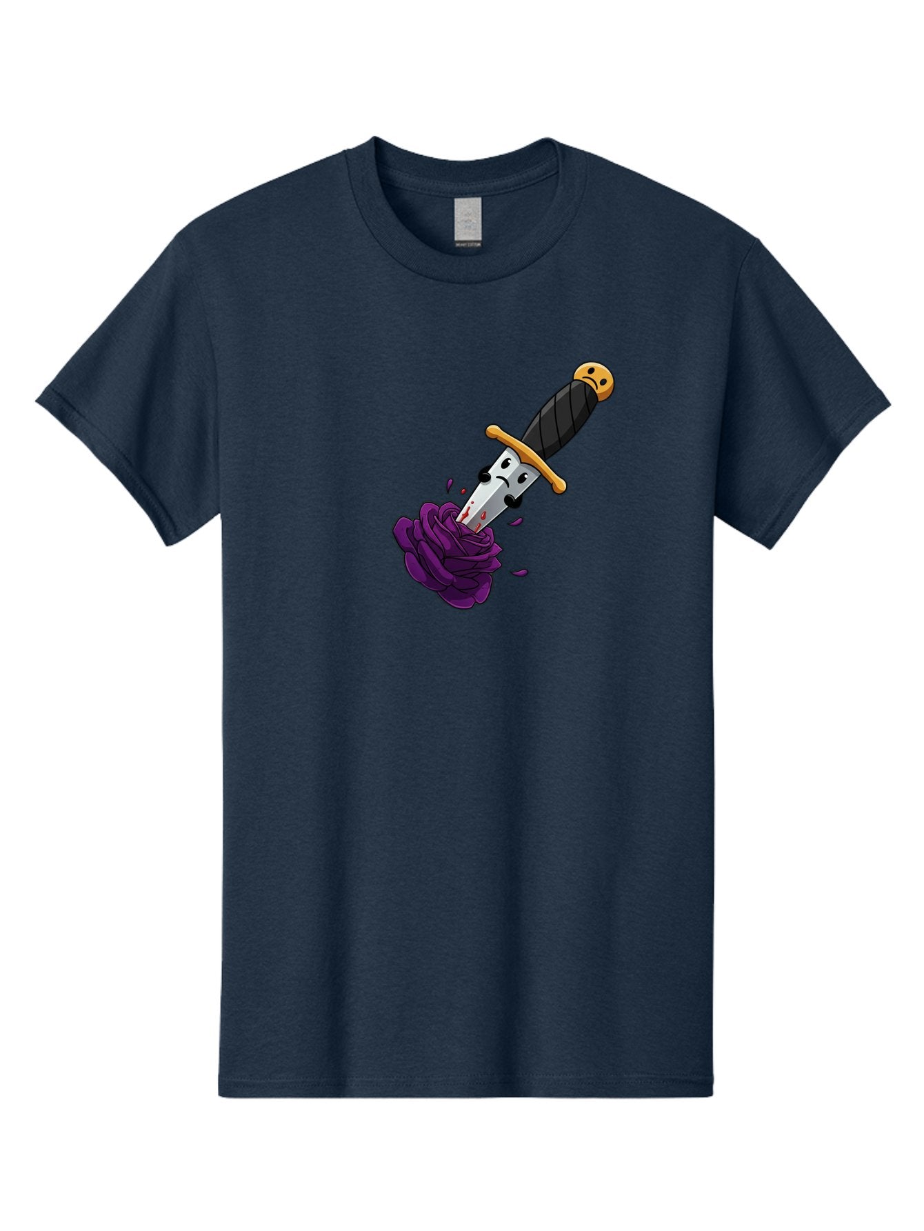 Dagger-With-Face Men'S Graphic Tee, 100% Cotton, Comfortable Casual Summer Wear, Machine Washable, Dagger With Face, Purple Rose, Cartoon Dagger, Stabbed Rose, Gold Hilt, Black Handle, Facial Expression, Floral Imagery, Symbolic Violence, Bae172 13