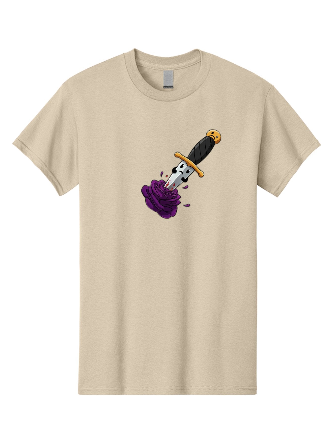 Dagger-With-Face Men'S Graphic Tee, 100% Cotton, Comfortable Casual Summer Wear, Machine Washable, Dagger With Face, Purple Rose, Cartoon Dagger, Stabbed Rose, Gold Hilt, Black Handle, Facial Expression, Floral Imagery, Symbolic Violence, Bae172 14