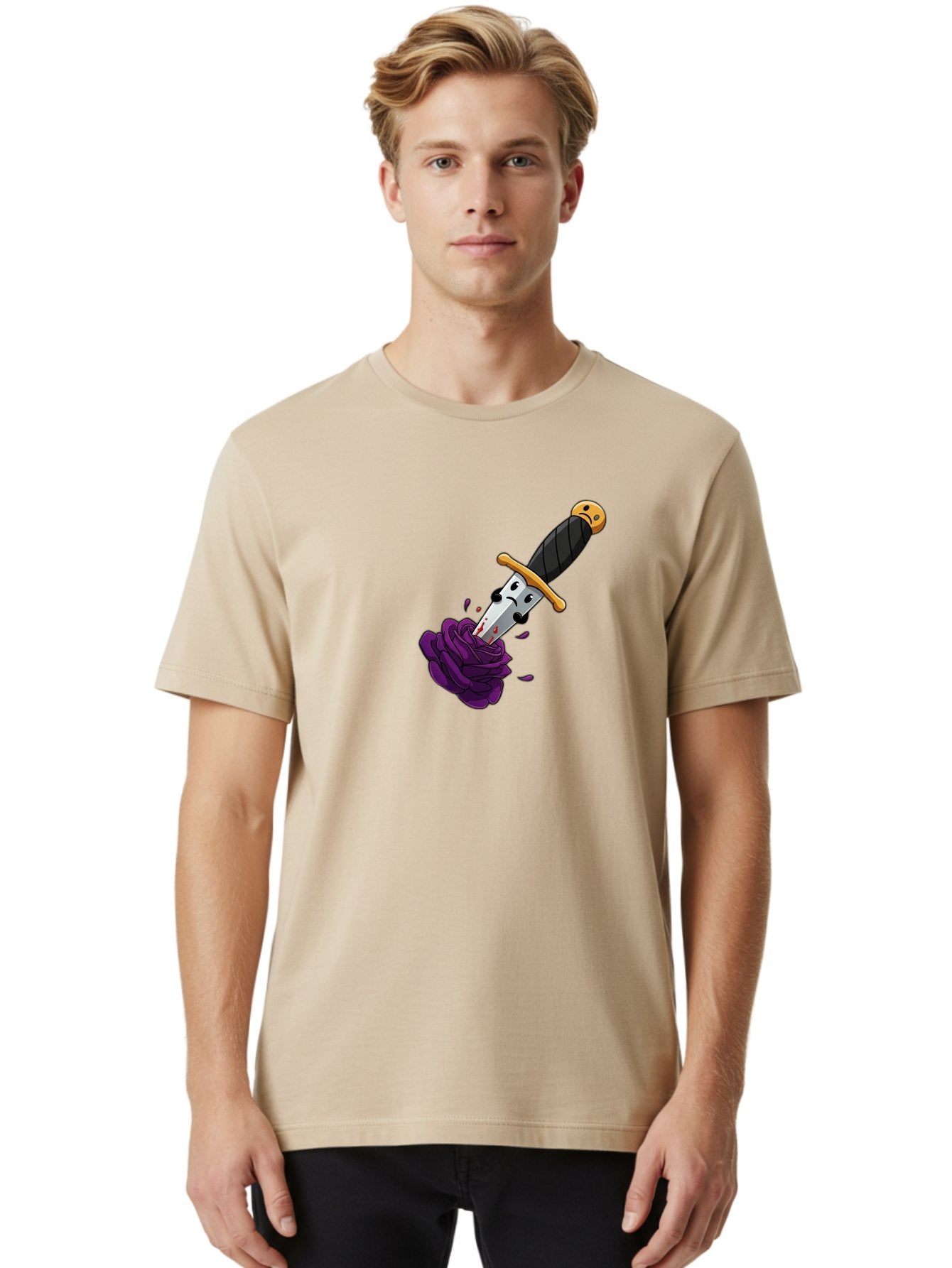 Dagger-With-Face Men'S Graphic Tee, 100% Cotton, Comfortable Casual Summer Wear, Machine Washable, Dagger With Face, Purple Rose, Cartoon Dagger, Stabbed Rose, Gold Hilt, Black Handle, Facial Expression, Floral Imagery, Symbolic Violence, Bae172 29