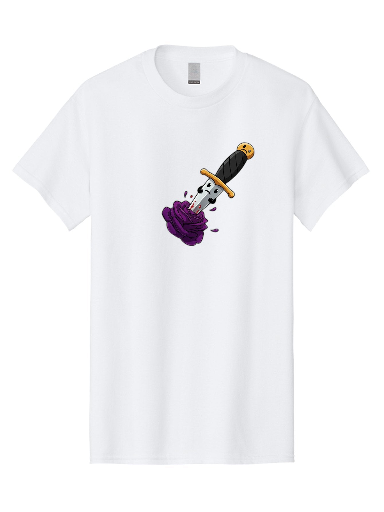 Dagger-With-Face Men'S Graphic Tee, 100% Cotton, Comfortable Casual Summer Wear, Machine Washable, Dagger With Face, Purple Rose, Cartoon Dagger, Stabbed Rose, Gold Hilt, Black Handle, Facial Expression, Floral Imagery, Symbolic Violence, Bae172 10