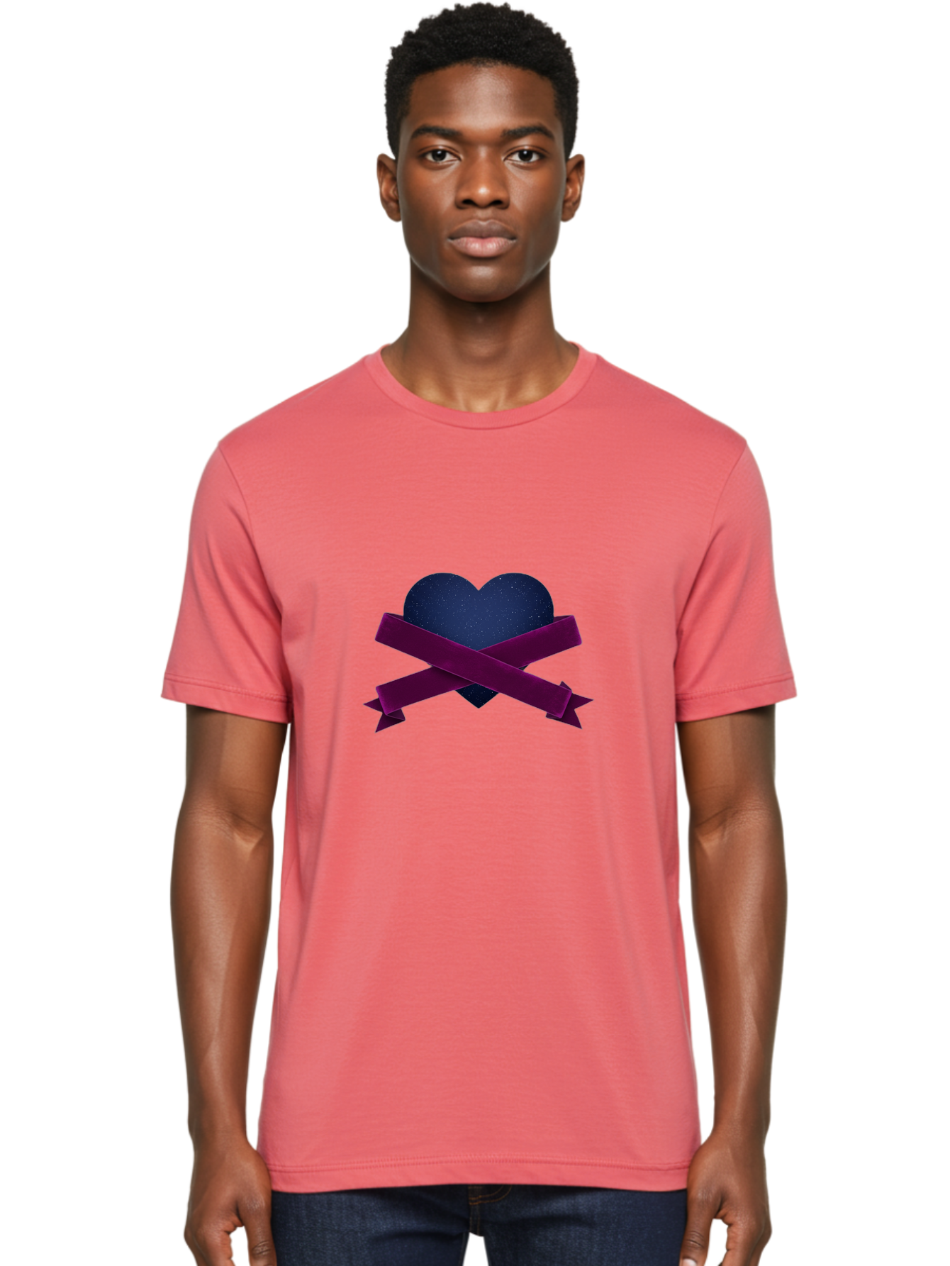 Dark-Heart-With-Ribbon Men'S Graphic Tee, 100% Cotton, Comfortable Casual Summer Wear, Machine Washable, Dark Heart, Purple Ribbon, Heart Shape, Velvet Texture, Symbol Of Love, Mourning Symbol, Grunge Style, Edgy Aesthetic, Dark Romance Bae173 28
