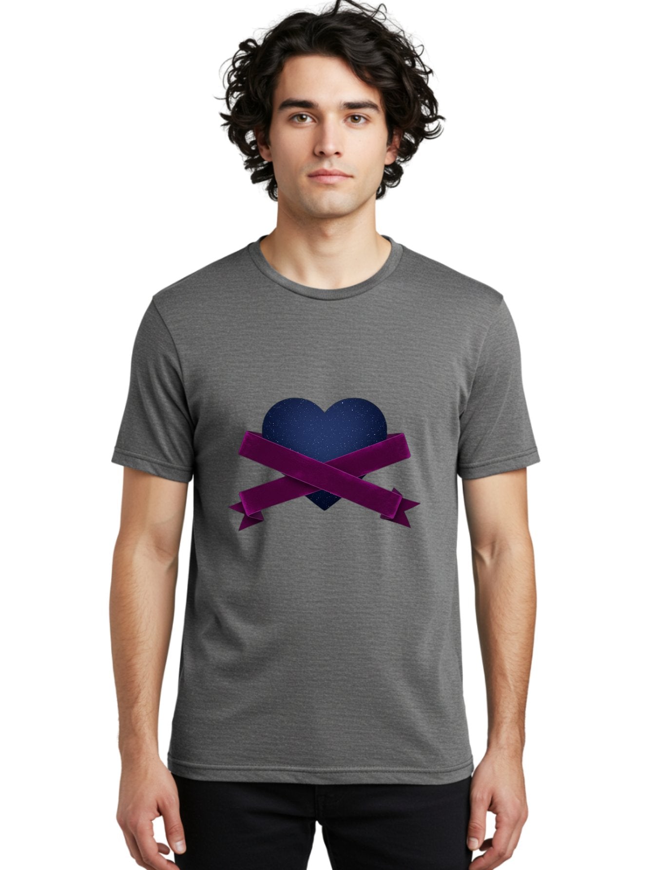 Dark-Heart-With-Ribbon Men'S Graphic Tee, 100% Cotton, Comfortable Casual Summer Wear, Machine Washable, Dark Heart, Purple Ribbon, Heart Shape, Velvet Texture, Symbol Of Love, Mourning Symbol, Grunge Style, Edgy Aesthetic, Dark Romance Bae173 29
