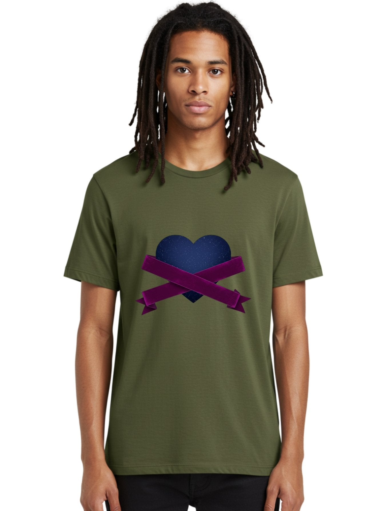 Dark-Heart-With-Ribbon Men'S Graphic Tee, 100% Cotton, Comfortable Casual Summer Wear, Machine Washable, Dark Heart, Purple Ribbon, Heart Shape, Velvet Texture, Symbol Of Love, Mourning Symbol, Grunge Style, Edgy Aesthetic, Dark Romance Bae173 22