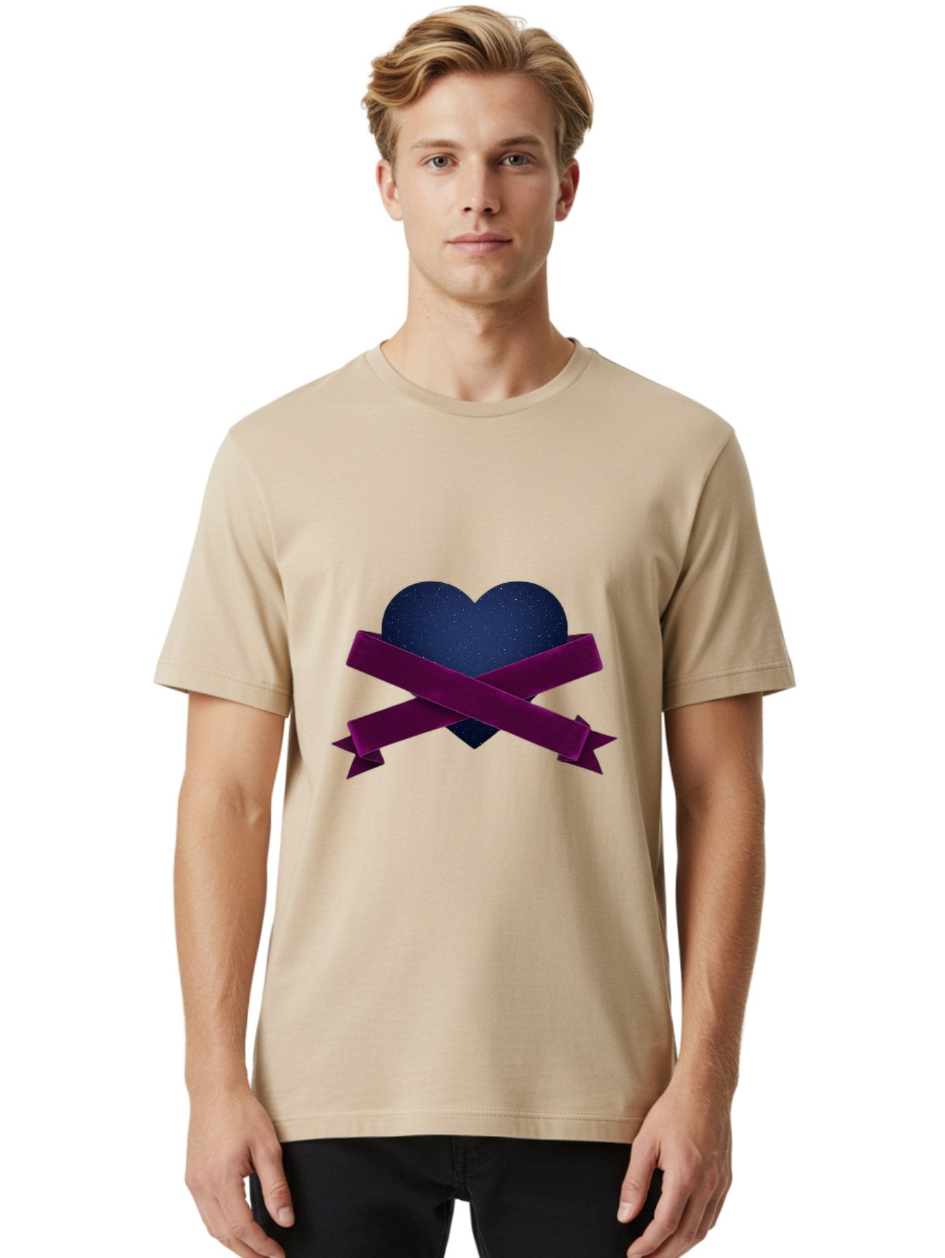 Dark-Heart-With-Ribbon Men'S Graphic Tee, 100% Cotton, Comfortable Casual Summer Wear, Machine Washable, Dark Heart, Purple Ribbon, Heart Shape, Velvet Texture, Symbol Of Love, Mourning Symbol, Grunge Style, Edgy Aesthetic, Dark Romance Bae173 23